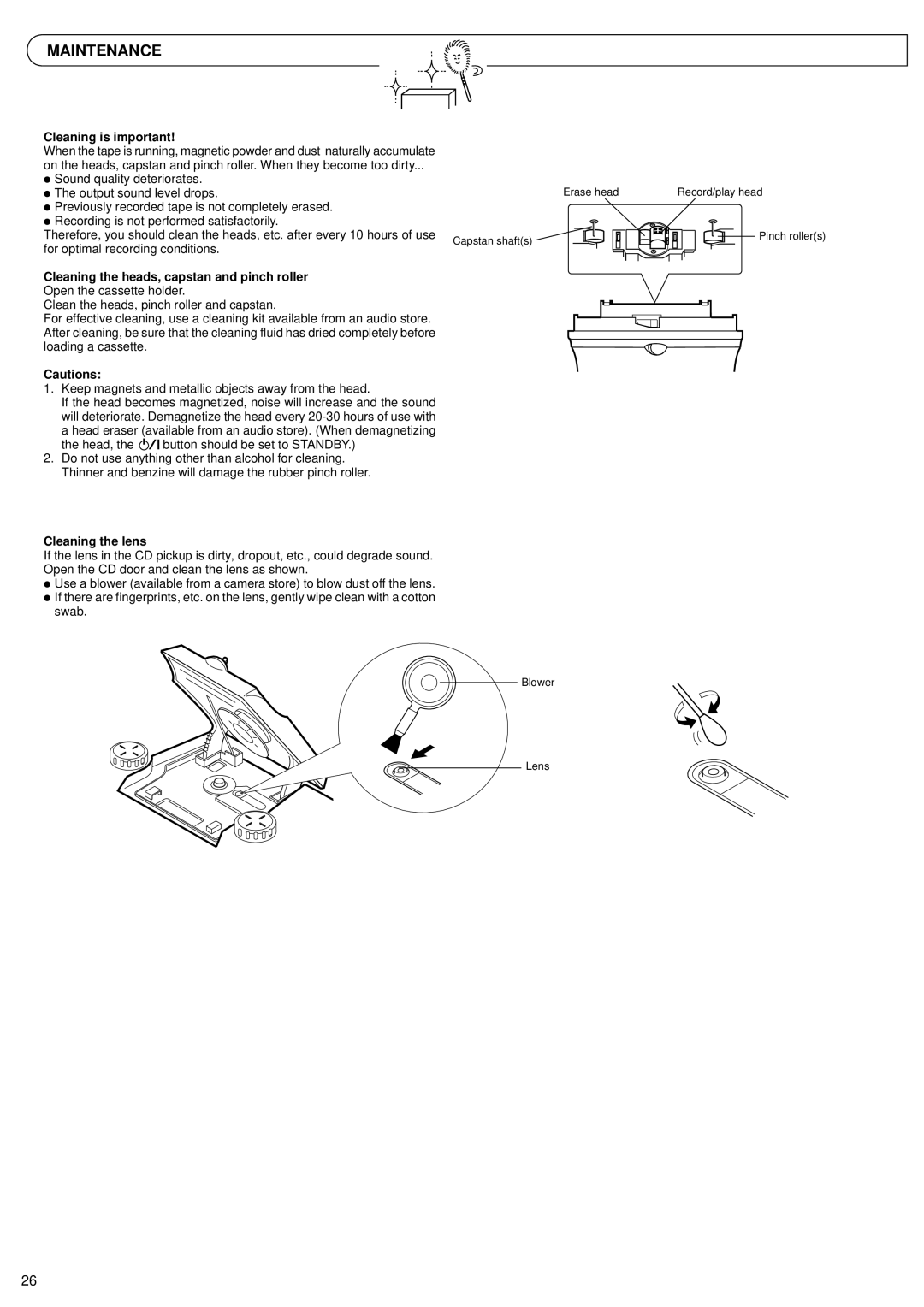 JVC RV-B99 BK/BU manual Maintenance, Cleaning is important, Cleaning the heads, capstan and pinch roller, Cleaning the lens 