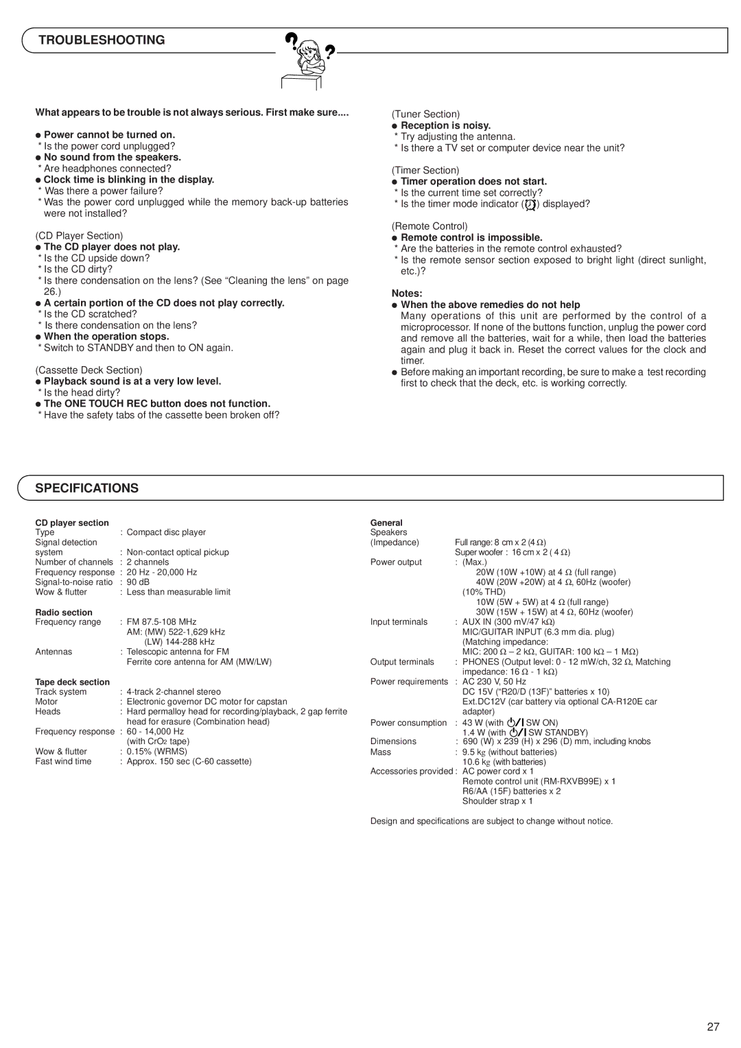 JVC RV-B99 BK/BU manual Troubleshooting, Specifications 