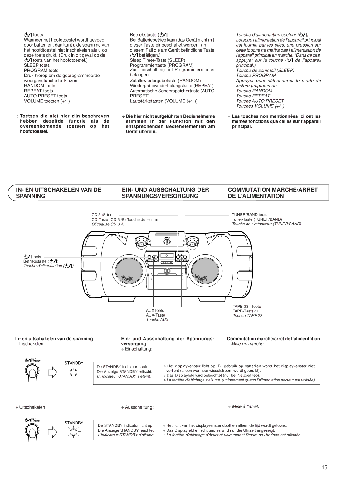 JVC RV-B99 BK/BU manual Commutation MARCHE/ARRET DE L’ALIMENTATION, In- en uitschakelen van de spanning, Versorgung 