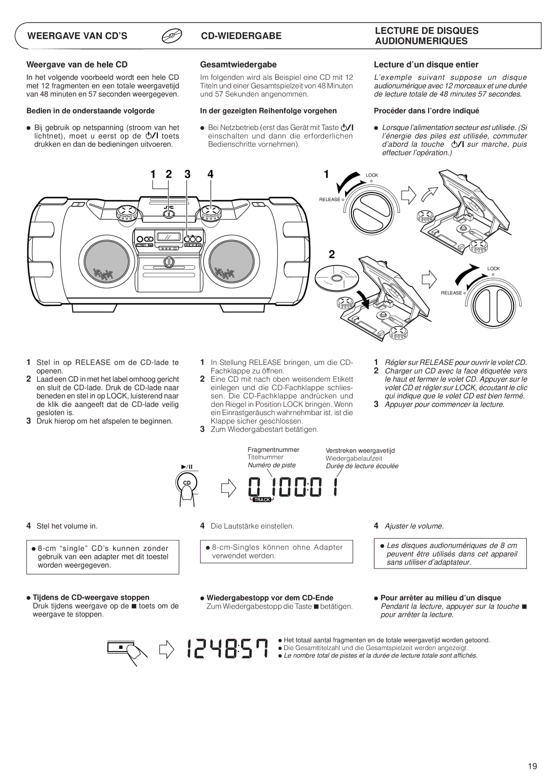 JVC RV-B99 BK/BU manual Weergave van de hele CD, Gesamtwiedergabe, Lecture d’un disque entier 