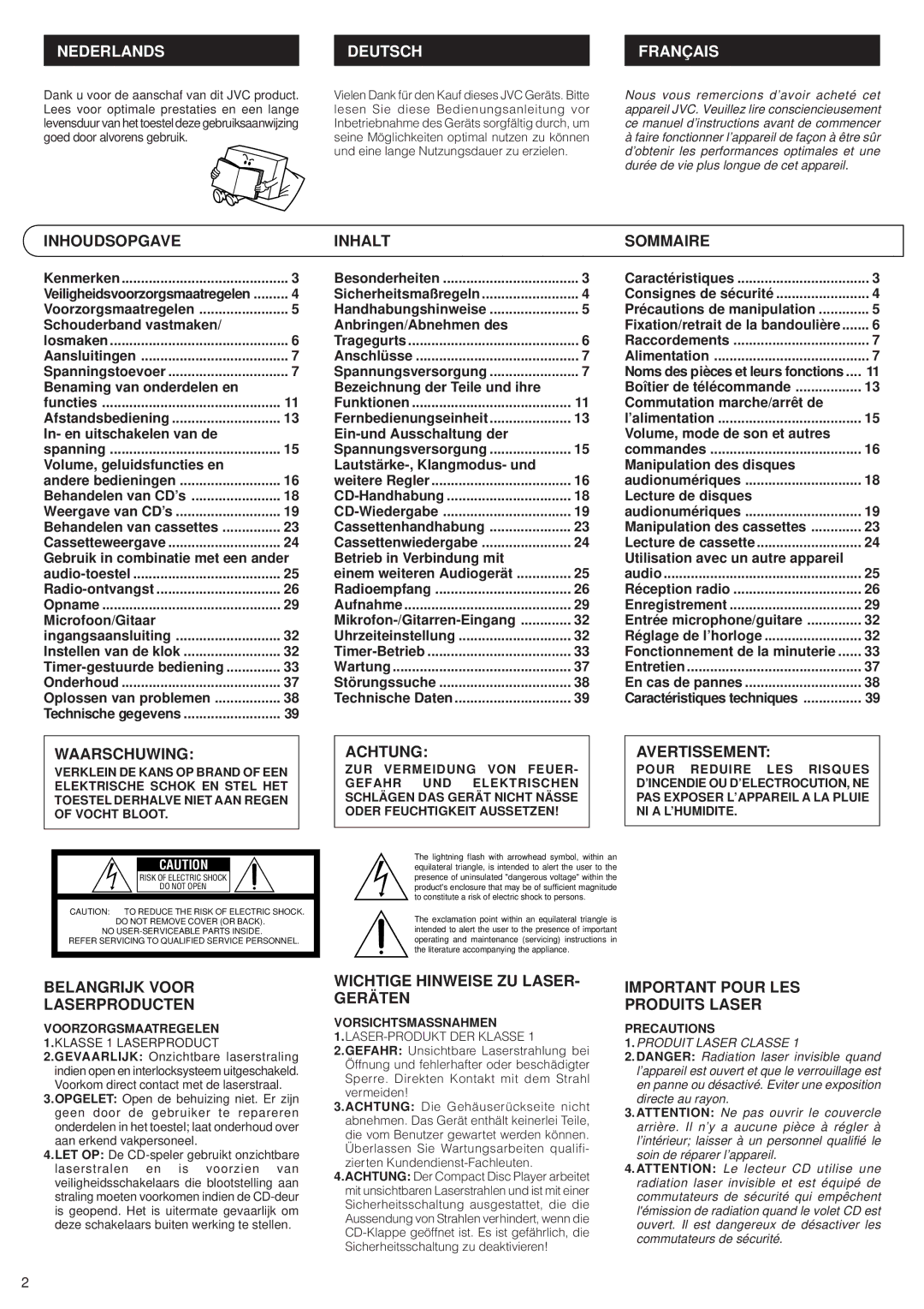 JVC RV-B99 BK/BU Inhoudsopgave, Inhalt, Sommaire, Waarschuwing, Achtung Avertissement, Belangrijk Voor Laserproducten 