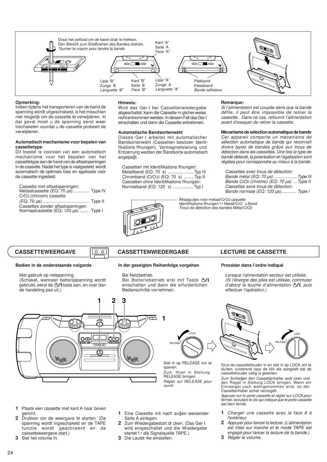 JVC RV-B99 BK/BU Cassetteweergave Cassettenwiedergabe Lecture DE Cassette, Automatische Bandsortenwahl, Régler le volume 