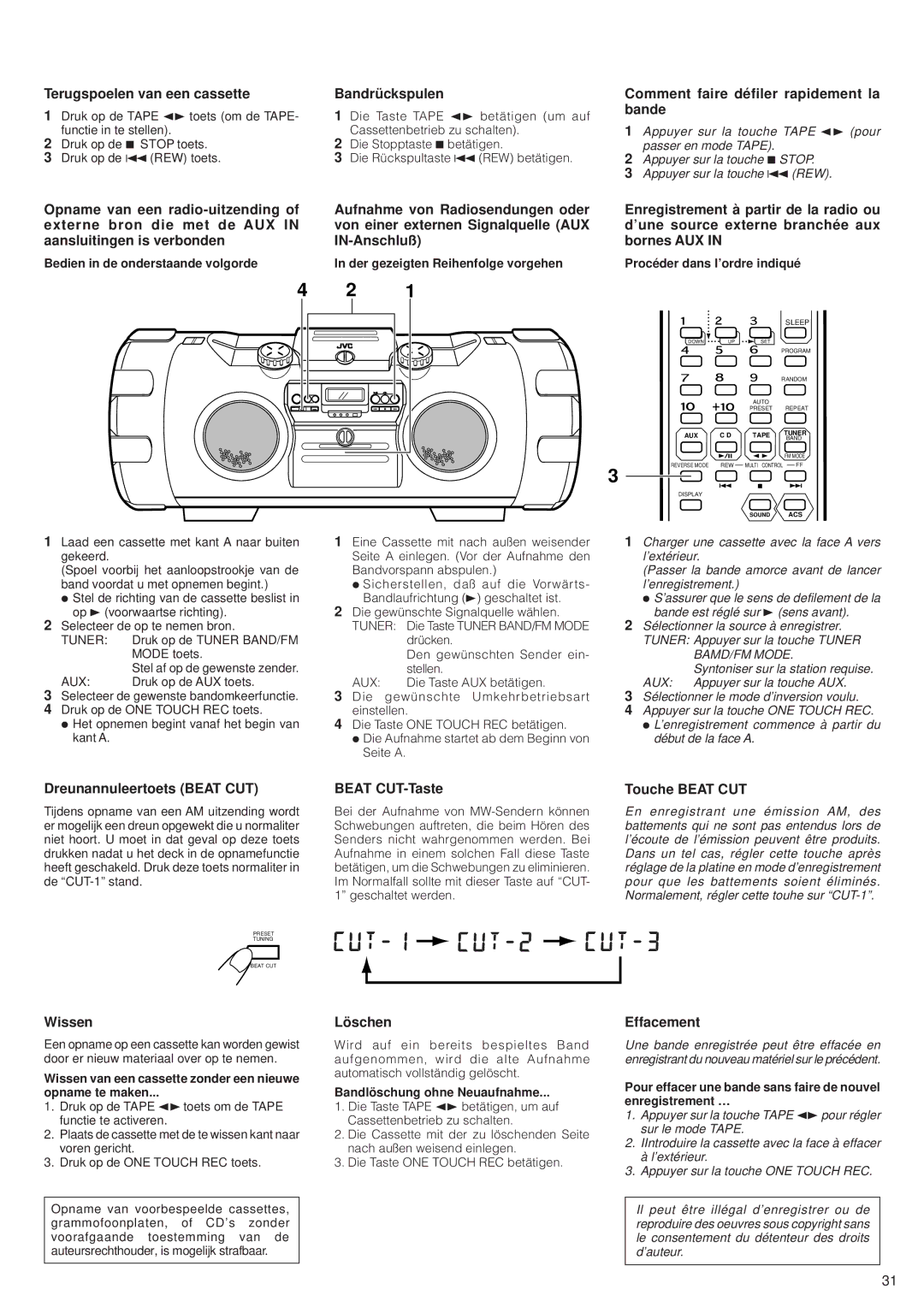 JVC RV-B99 BK/BU Terugspoelen van een cassette Bandrückspulen, Comment faire défiler rapidement la bande, Beat CUT-Taste 