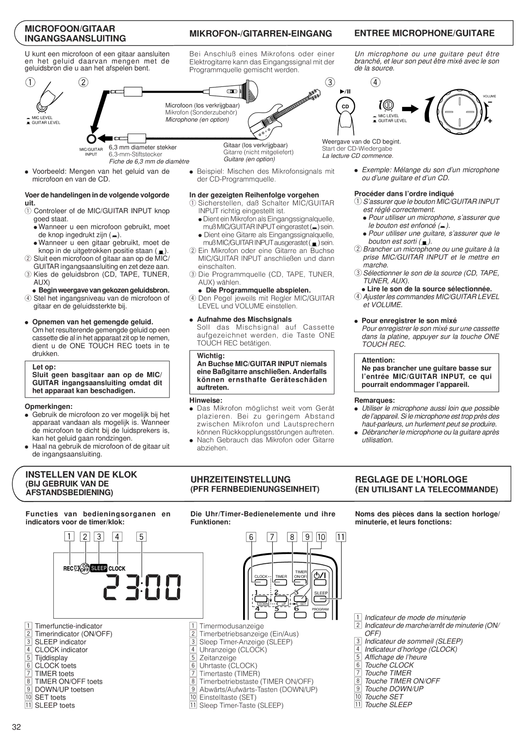 JVC RV-B99 BK/BU manual MICROFOON/GITAAR Ingangsaansluiting, Mikrofon-/Gitarren-Eingang, Entree MICROPHONE/GUITARE 