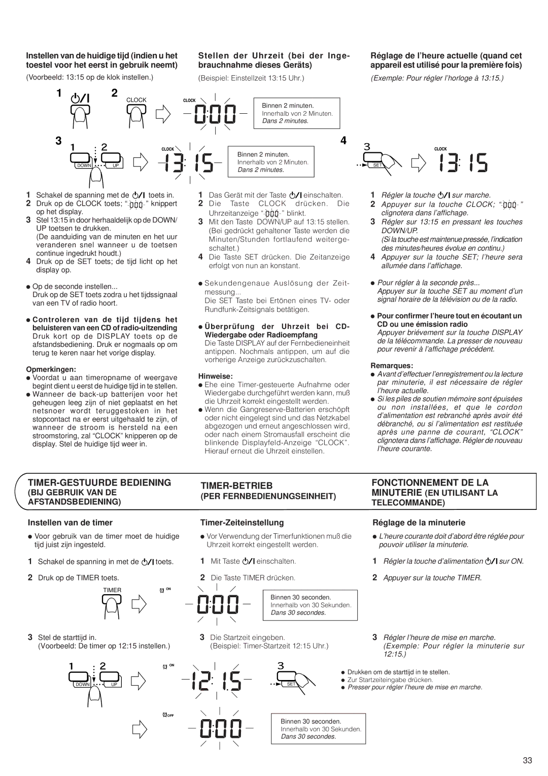 JVC RV-B99 BK/BU manual TIMER-GESTUURDE Bediening, Timer-Betrieb 