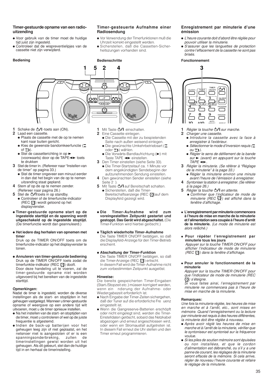 JVC RV-B99 BK/BU manual Timer-gestuurde opname van een radio- uitzending, Timer-gesteuerte Aufnahme einer Radiosendung 