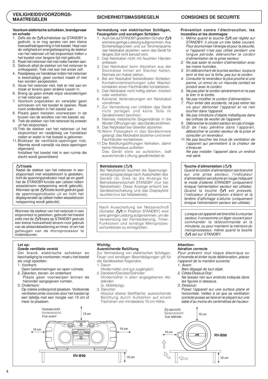 JVC RV-B99 BK/BU manual Voorkom elektrische schokken, brandgevaar en schade, Toets, Betriebstaste, Touche d’alimentation 