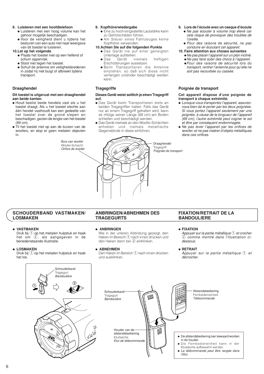 JVC RV-B99 BK/BU manual Schouderband VASTMAKEN/ Losmaken, Draaghendel, Tragegriffe, Poignée de transport 