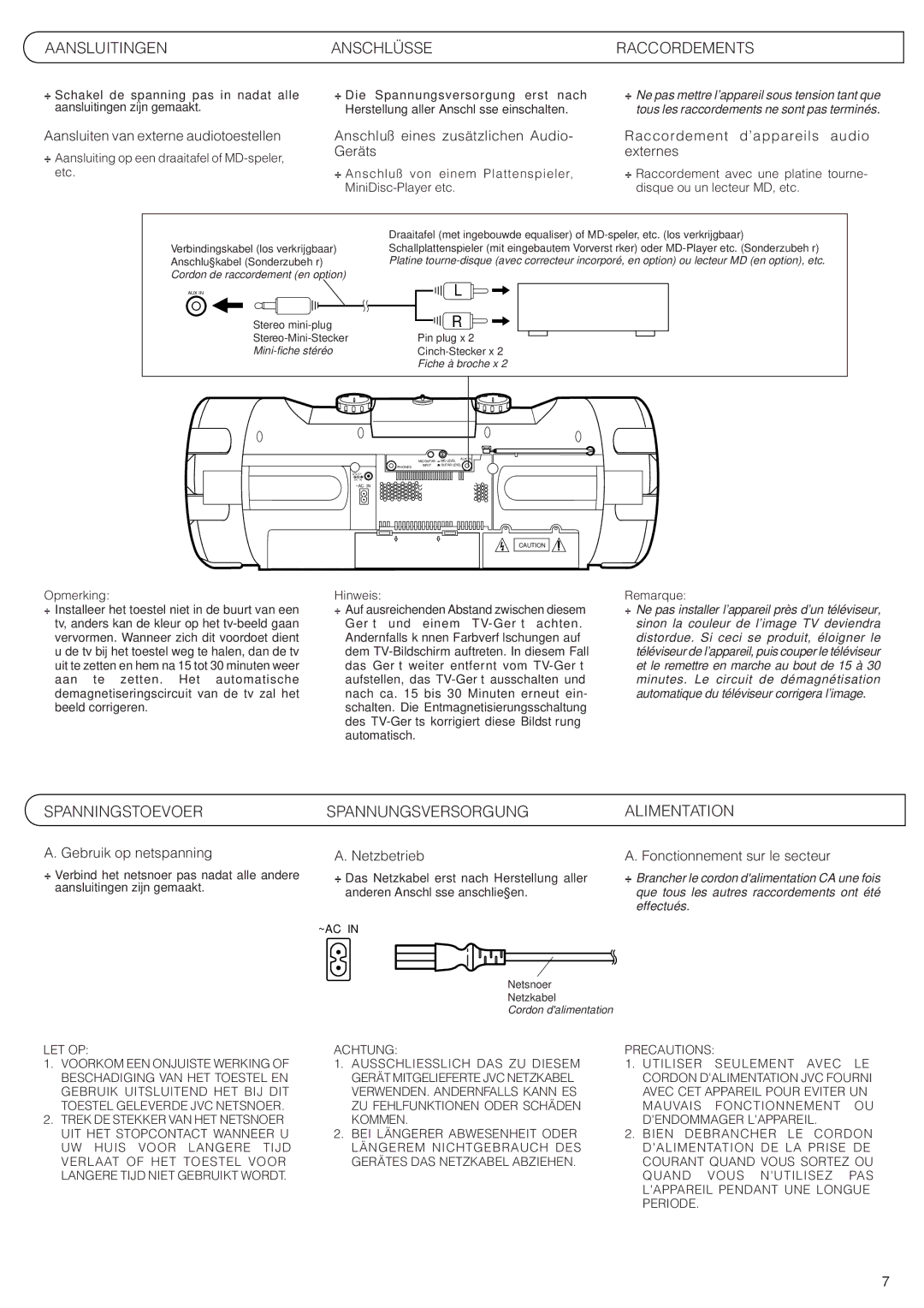 JVC RV-B99 BK/BU manual Aansluitingen Anschlüsse Raccordements, Spanningstoevoer Spannungsversorgung Alimentation 