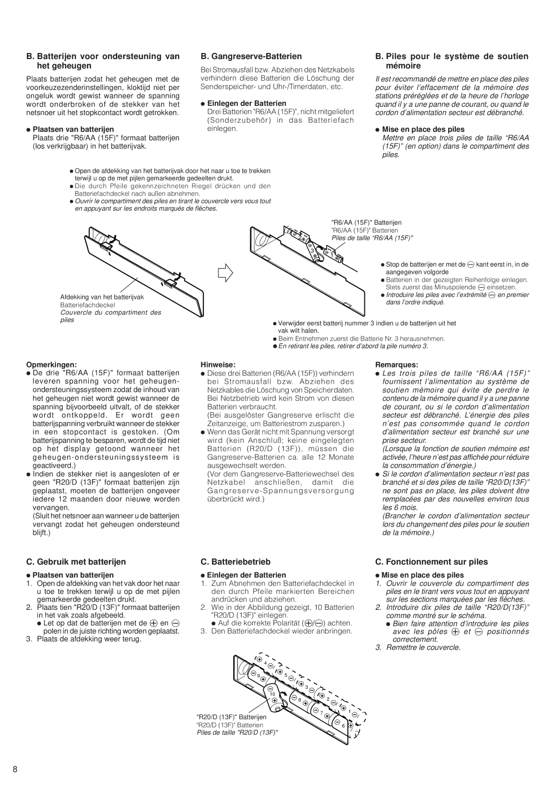 JVC RV-B99 BK/BU manual Batterijen voor ondersteuning van het geheugen, Gangreserve-Batterien, Gebruik met batterijen 