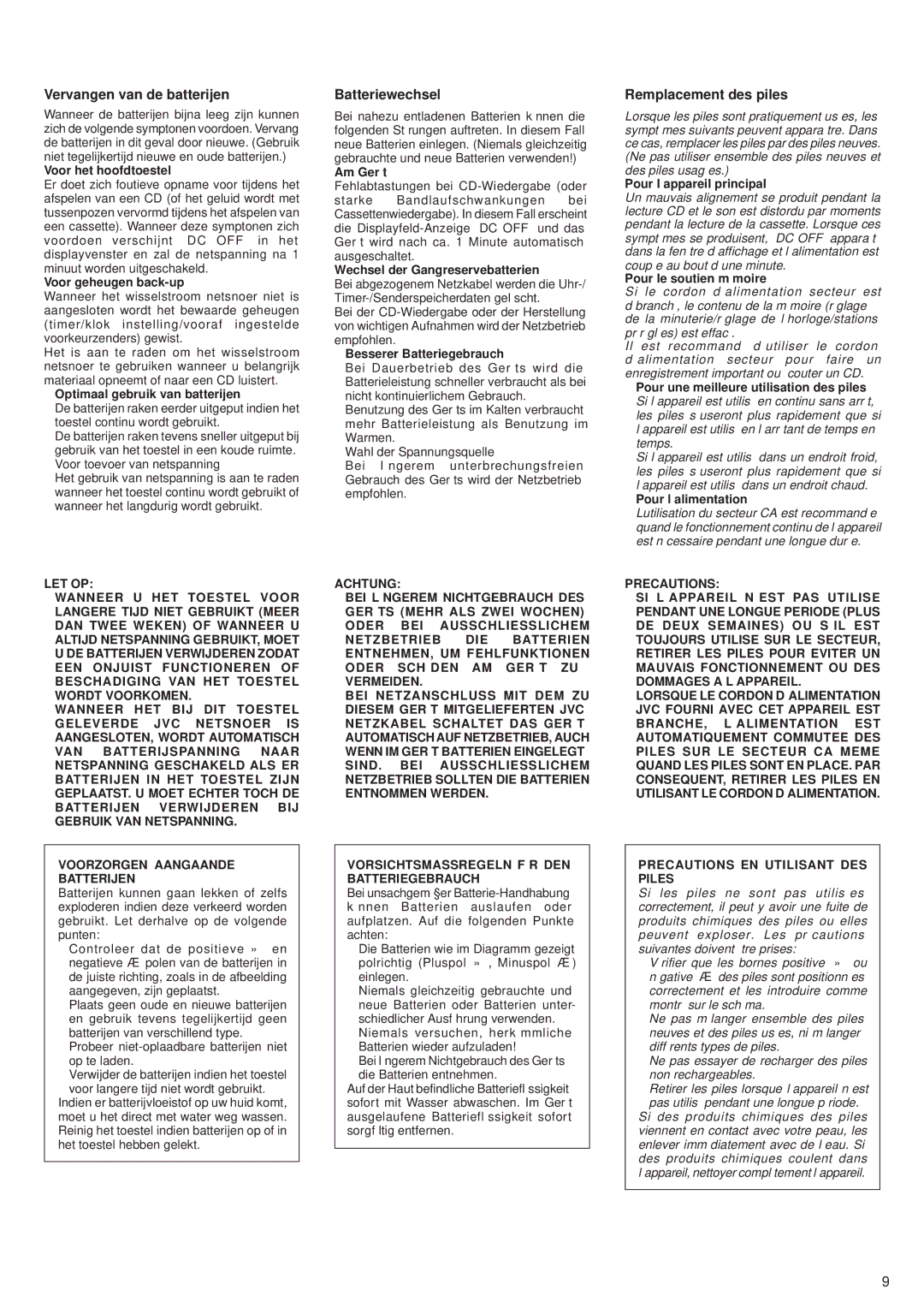 JVC RV-B99 BK/BU manual Vervangen van de batterijen, Batteriewechsel, Remplacement des piles 