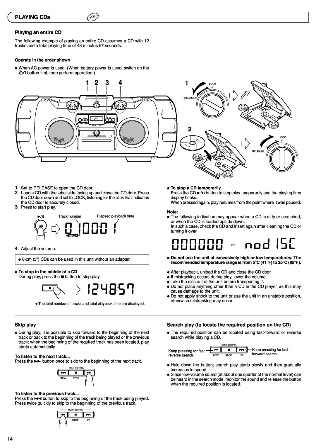 JVC RV-B99 BK/BU manual PLAYING CDs, Operate in the order shown, ÖTo stop in the middle of a CD, ÖTo stop a CD temporarily 
