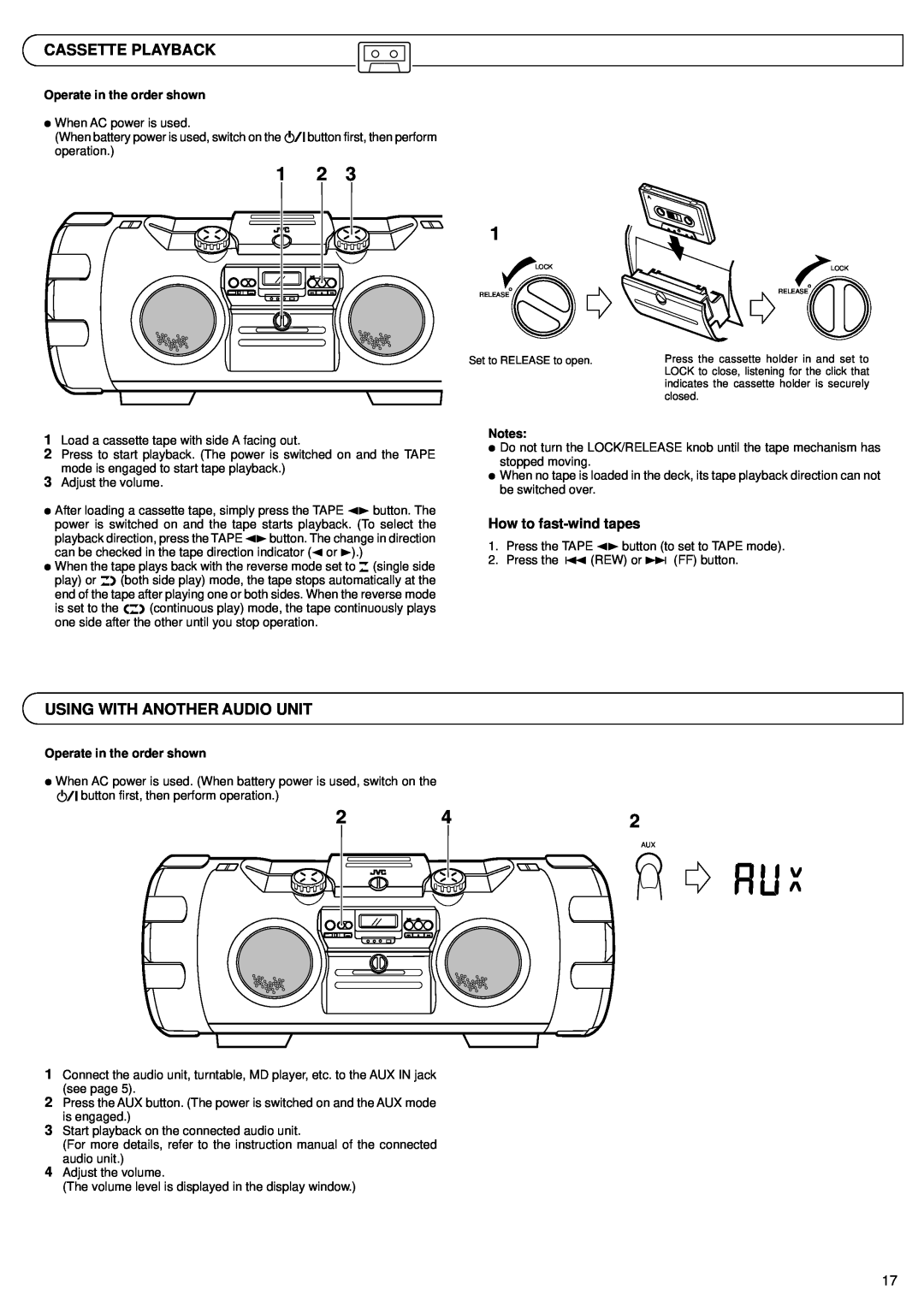 JVC RV-B99 BK/BU manual Cassette Playback, Using With Another Audio Unit, Operate in the order shown 