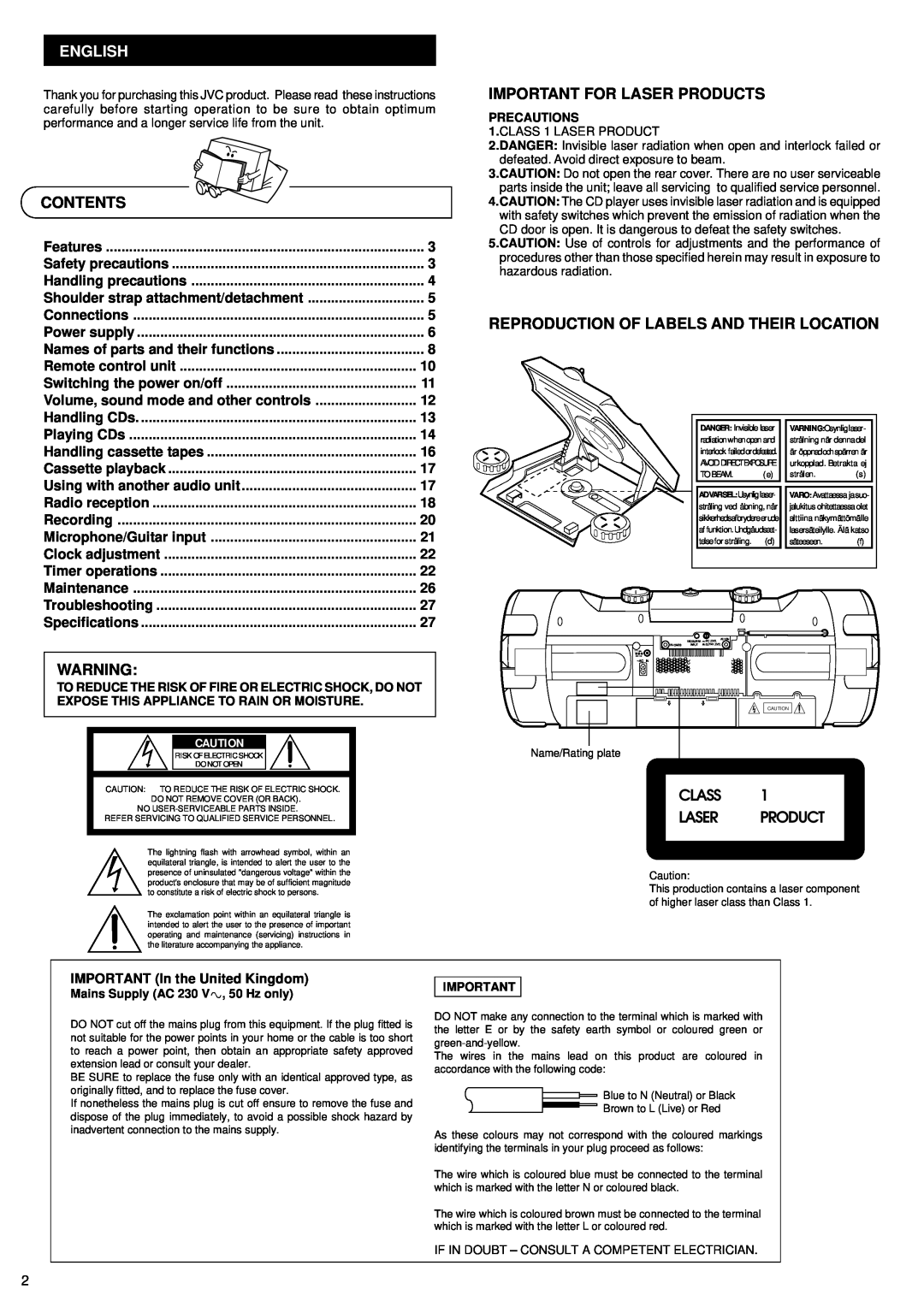 JVC RV-B99 BK/BU manual Contents, Important For Laser Products, Reproduction Of Labels And Their Location, English 