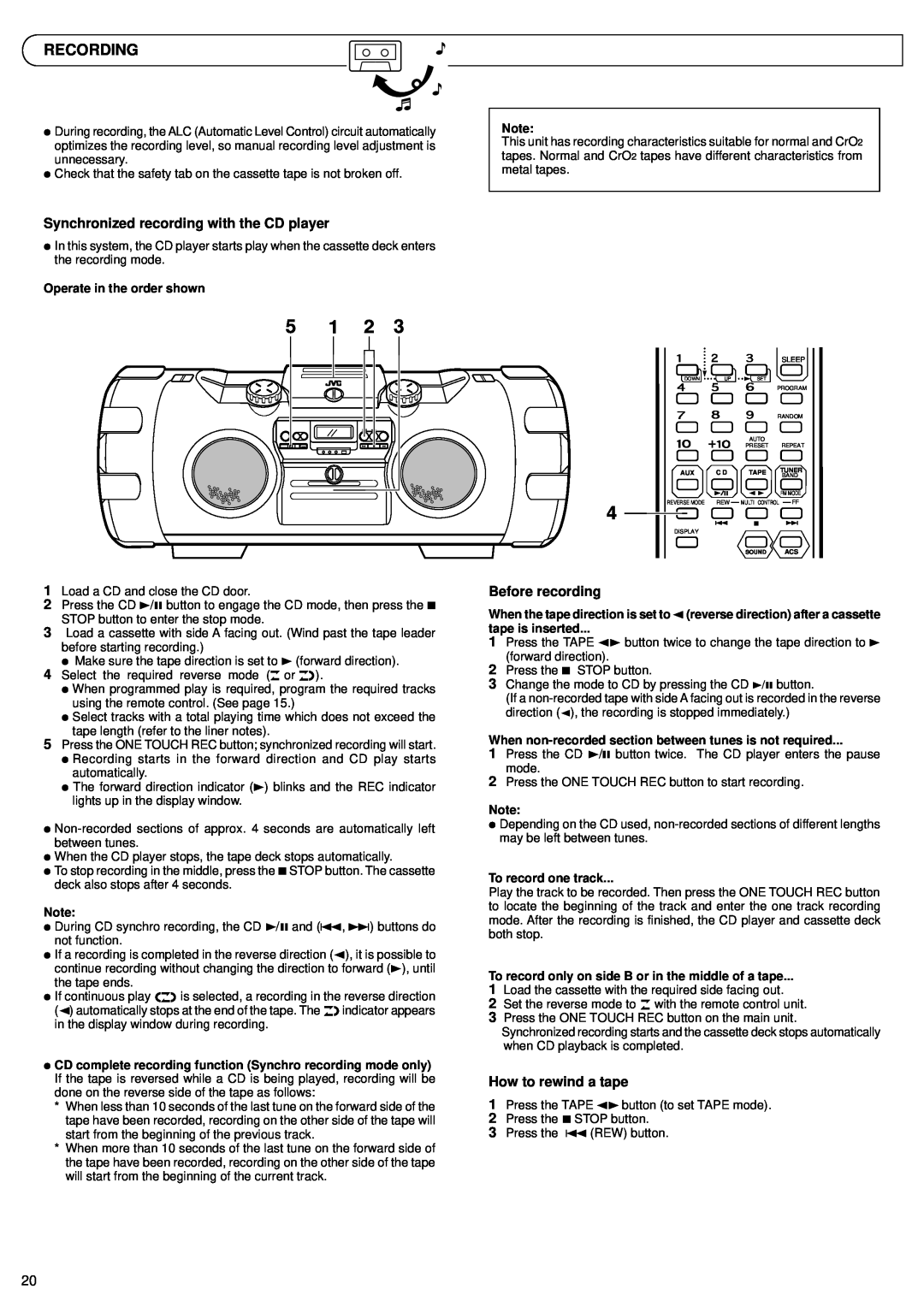 JVC RV-B99 BK/BU manual Recording, Synchronized recording with the CD player, Before recording, How to rewind a tape 