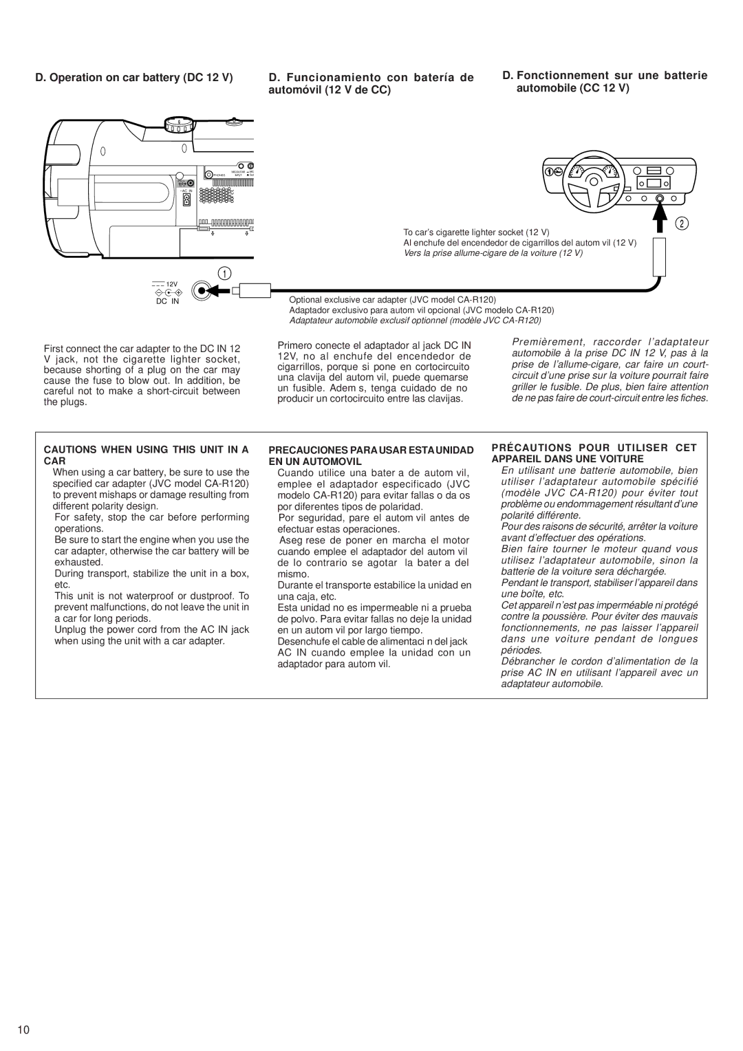 JVC RV-B99 En utilisant une batterie automobile, bien, Utiliser l’adaptateur automobile spécifié, Polarité différente 