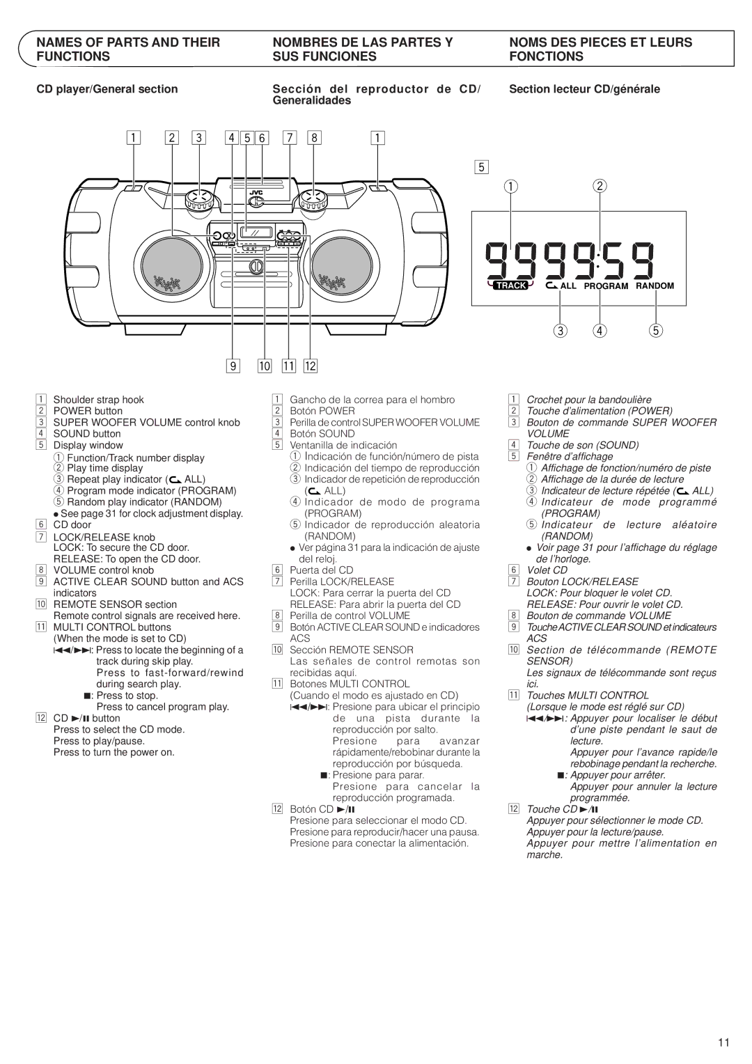 JVC RV-B99 manual CD player/General section Sección del Reproductor de CD, Generalidades, Section lecteur CD/générale 