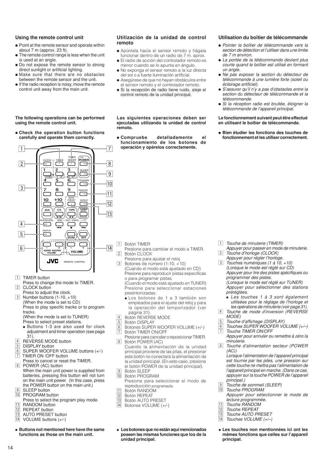 JVC RV-B99 Remoto, Utilisation du boîtier de télécommande, Buttons not mentioned here have the same, Unidad principal 