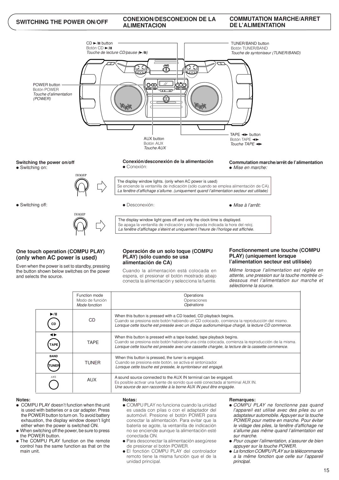 JVC RV-B99 manual One touch operation Compu Play, Switching the power on/off, Conexión/desconexión de la alimentación 