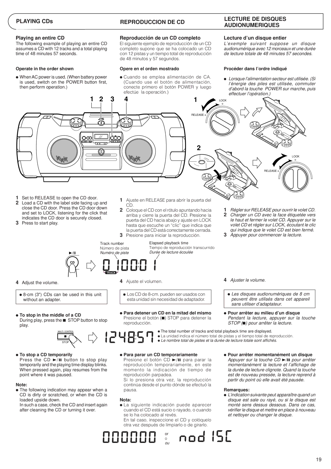 JVC RV-B99 Reproduccion DE CD, Lecture DE Disques Audionumeriques, Playing an entire CD, Reproducción de un CD completo 