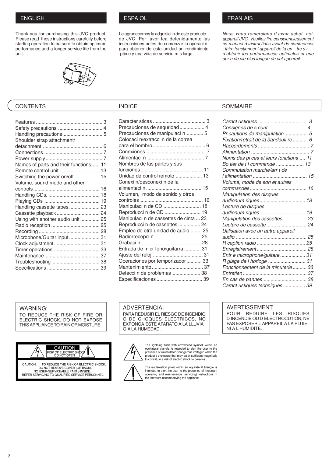 JVC RV-B99 manual Contents, Indice, Advertencia, Avertissement 