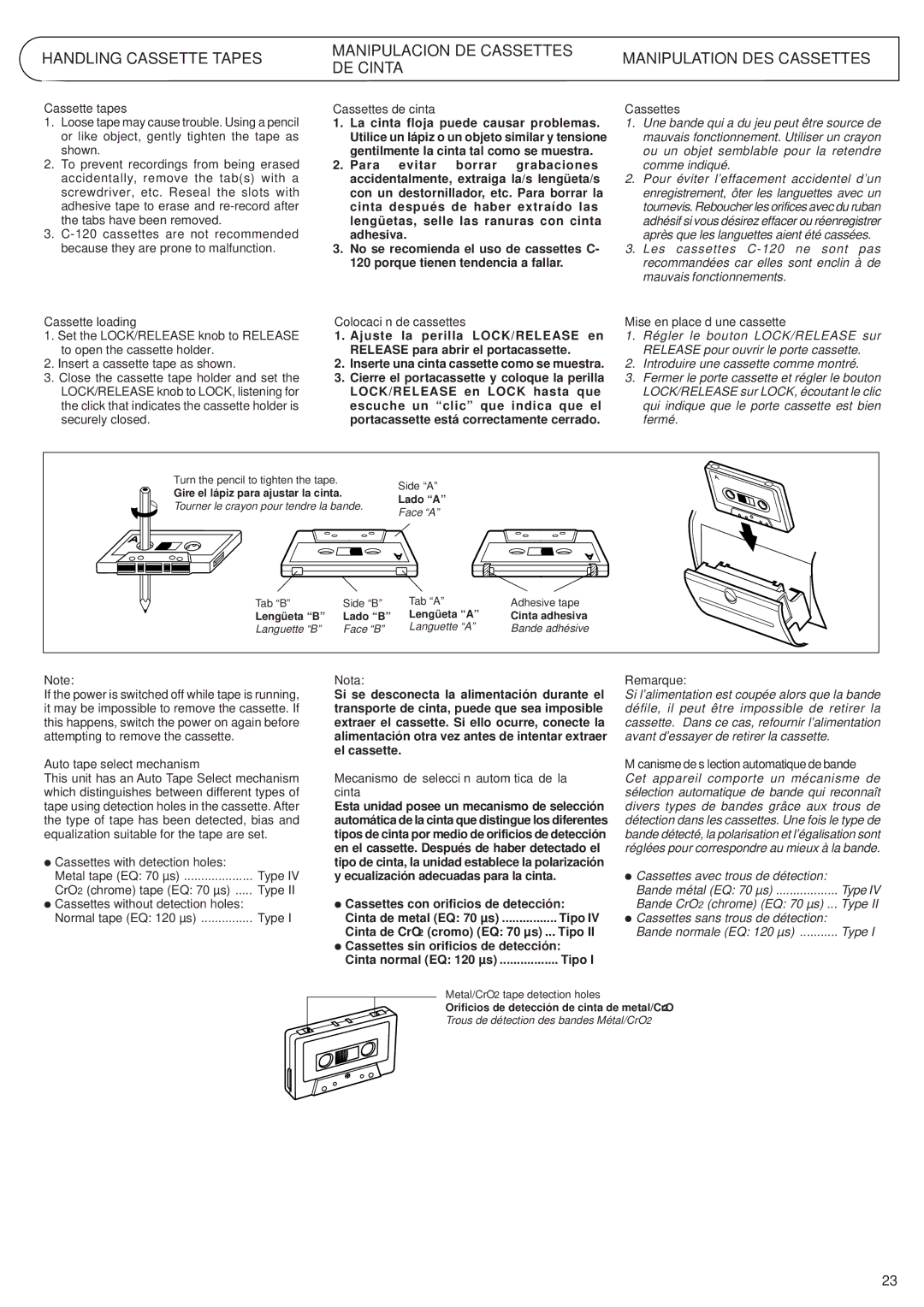 JVC RV-B99 manual Handling Cassette Tapes, Manipulacion DE Cassettes DE Cinta, Manipulation DES Cassettes 