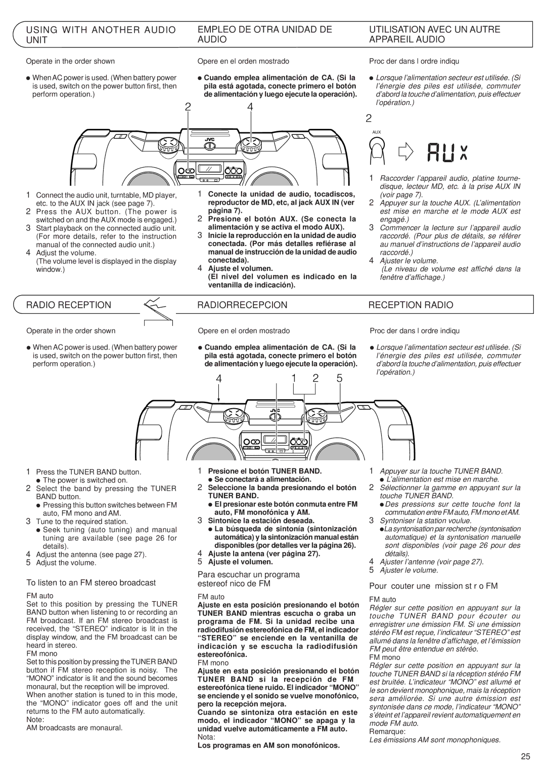 JVC RV-B99 manual Using with Another Audio Empleo DE Otra Unidad DE Unit, Utilisation Avec UN Autre Appareil Audio 