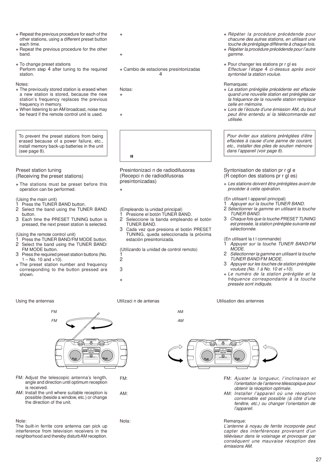 JVC RV-B99 manual Preset station tuning Receiving the preset stations 