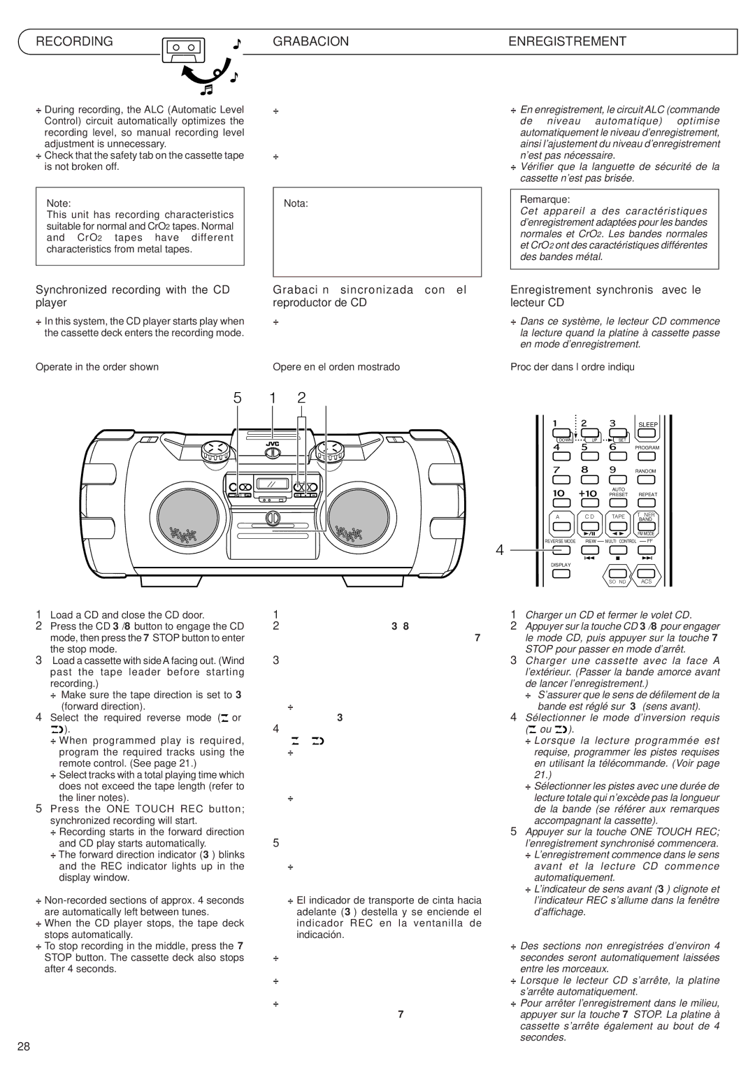 JVC RV-B99 manual Recording Grabacion Enregistrement, Synchronized recording with the CD player 