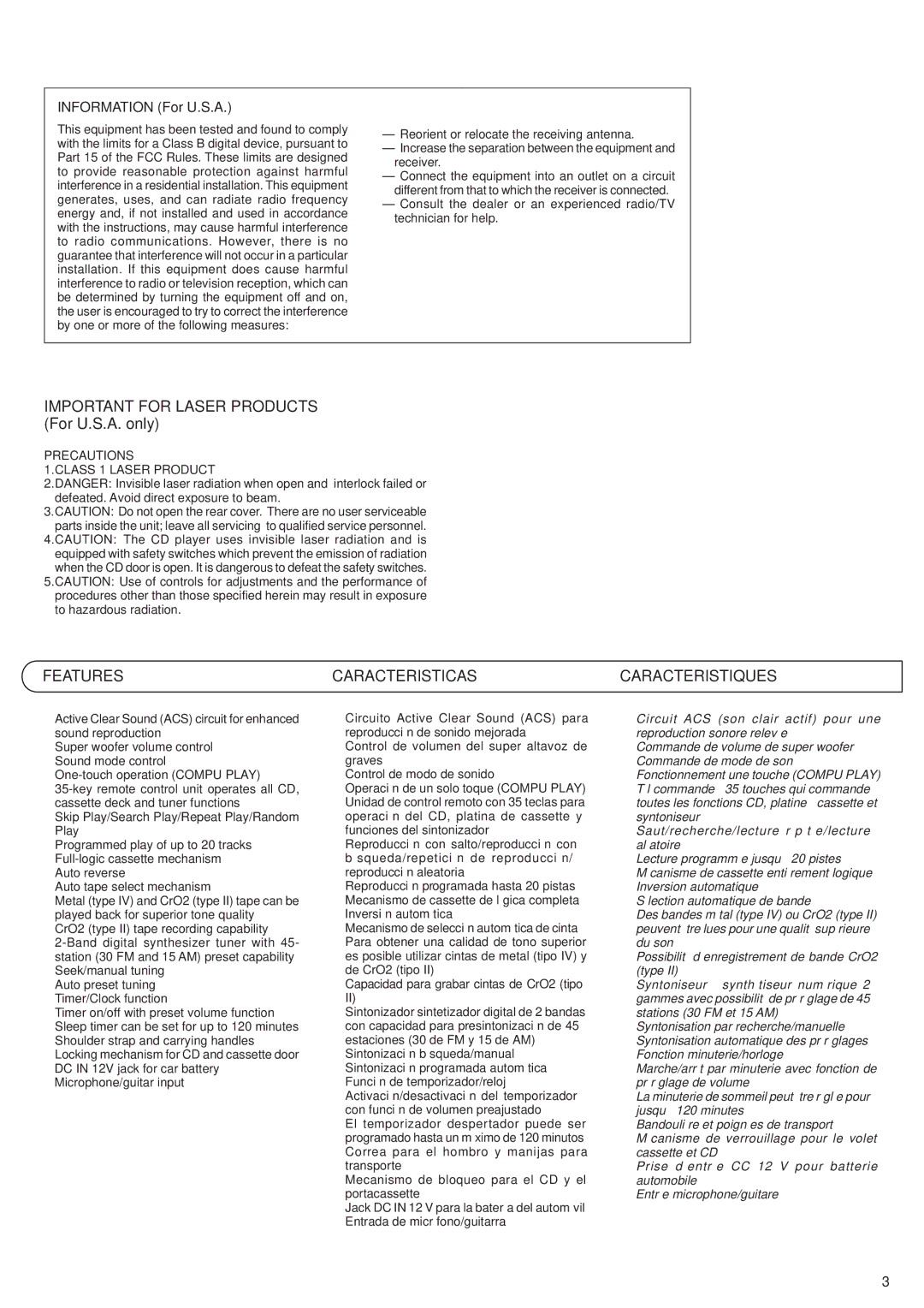 JVC RV-B99 manual Features, Caracteristicas, Caracteristiques, Information For U.S.A 