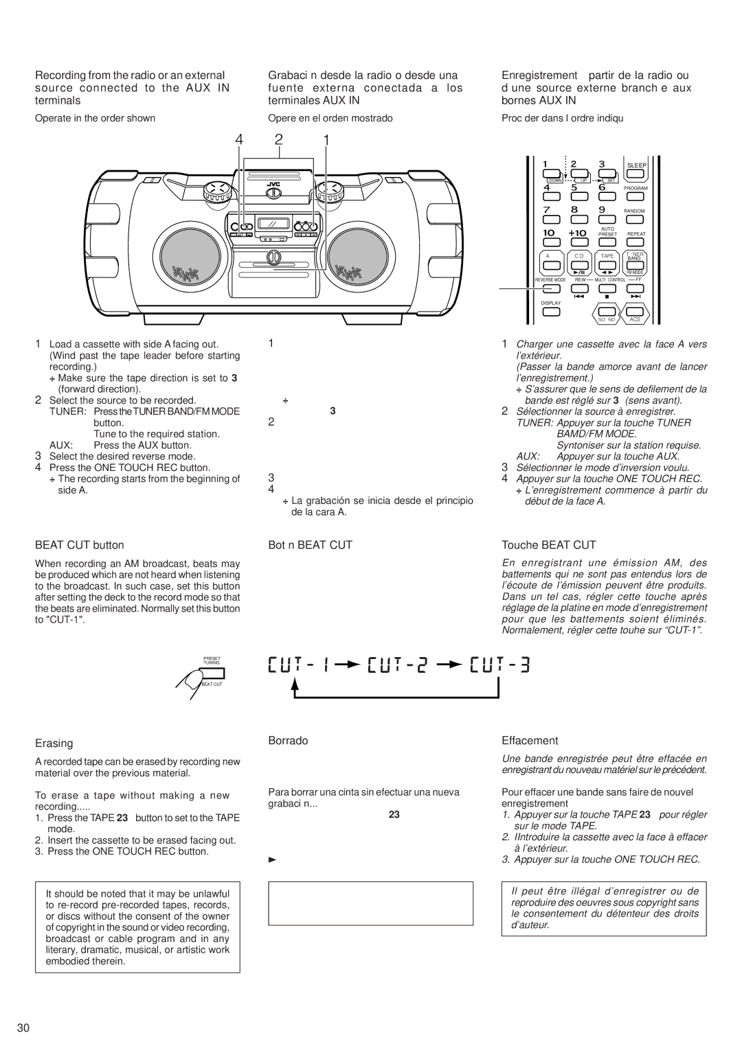 JVC RV-B99 manual Beat CUT button, Botón Beat CUT, Touche Beat CUT, Erasing, Borrado, Effacement 