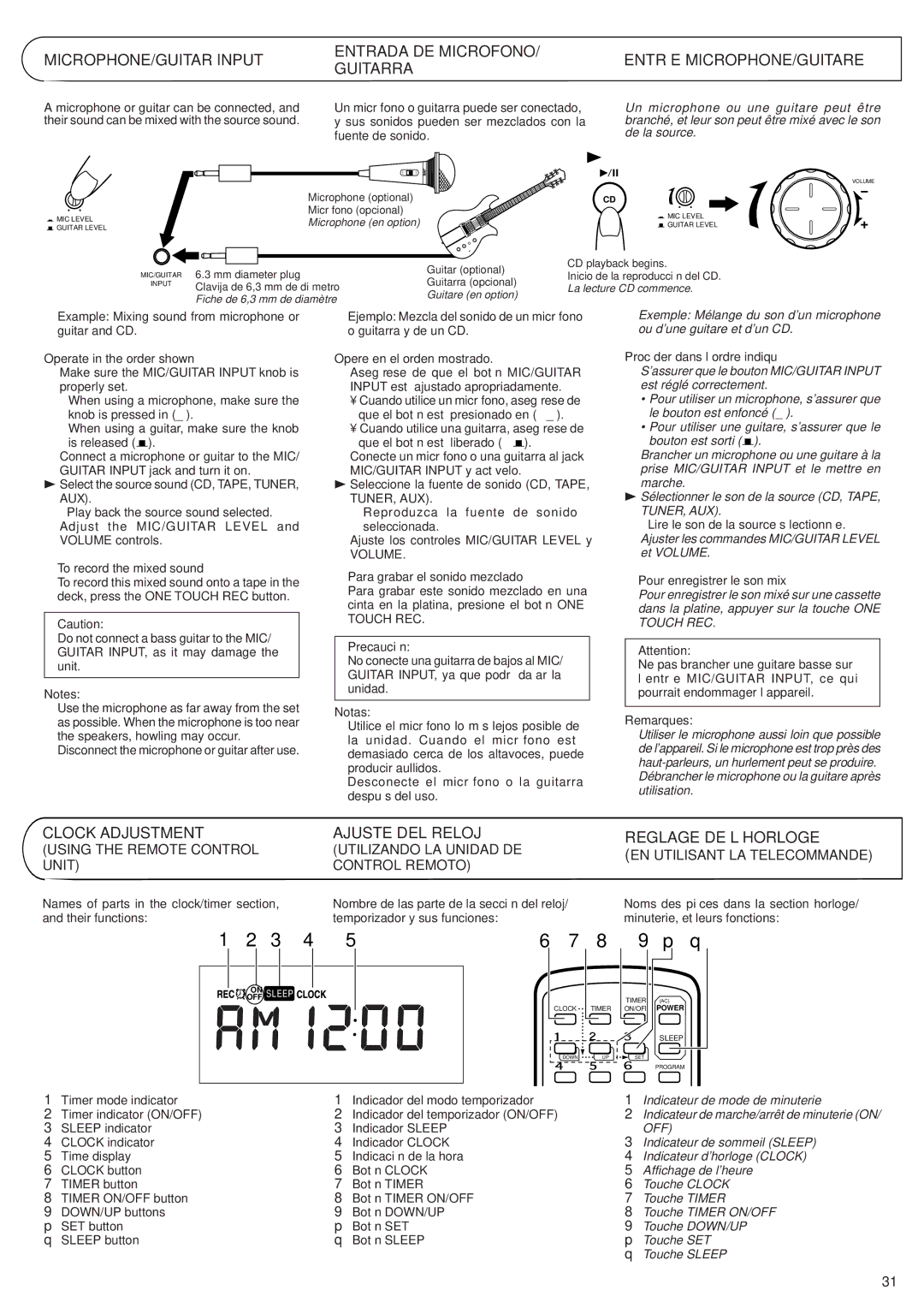 JVC RV-B99 manual MICROPHONE/GUITAR Input, Entrada DE MICROFONO/ Guitarra, Entrée MICROPHONE/GUITARE, Reglage DE L’HORLOGE 