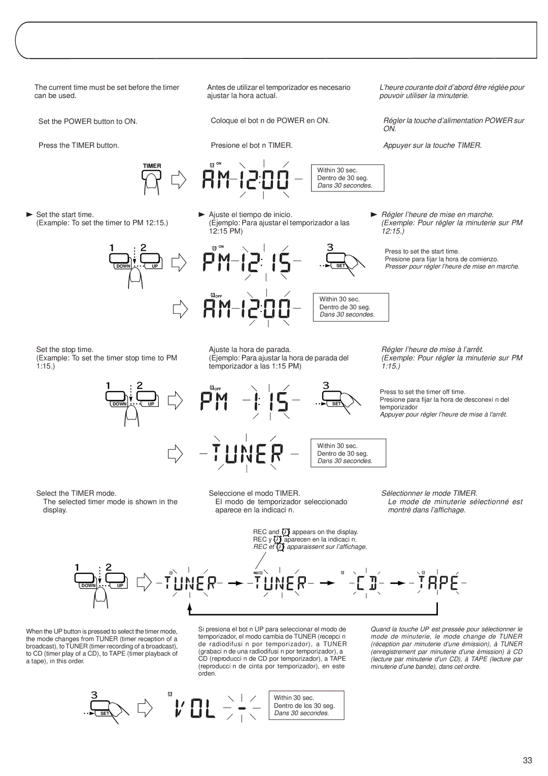 JVC RV-B99 manual Timer Operations, Setting the timer, Ajuste del temporizador, Réglage de la minuterie 