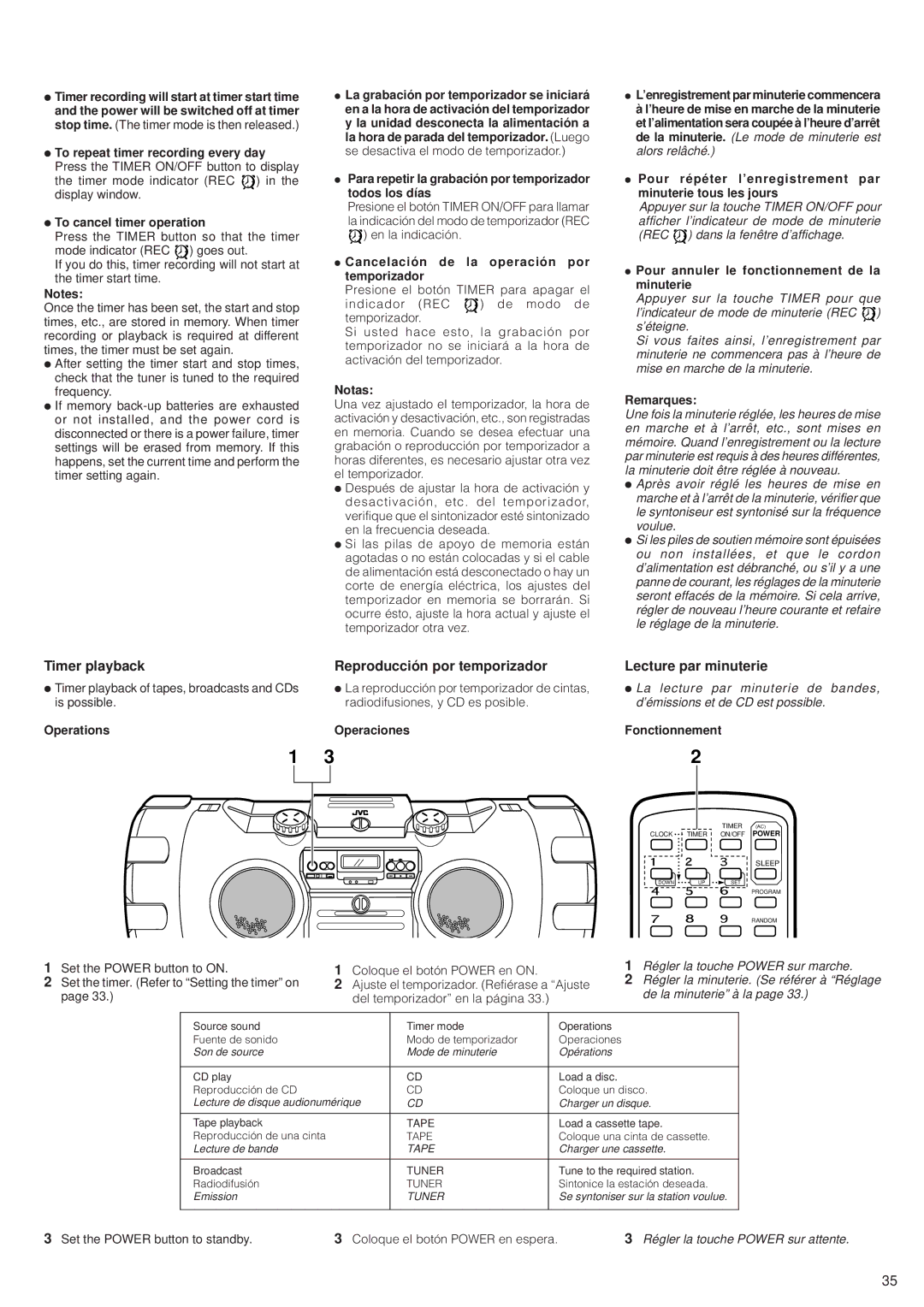 JVC RV-B99 manual Timer playback Reproducción por temporizador, Lecture par minuterie 