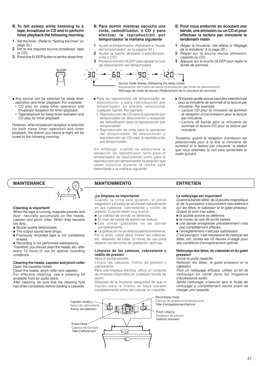 JVC RV-B99 manual Maintenance, Mantenimiento, Entretien 