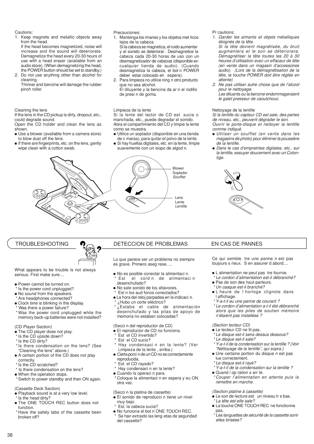 JVC RV-B99 manual Troubleshooting, Deteccion DE Problemas, EN CAS DE Pannes 