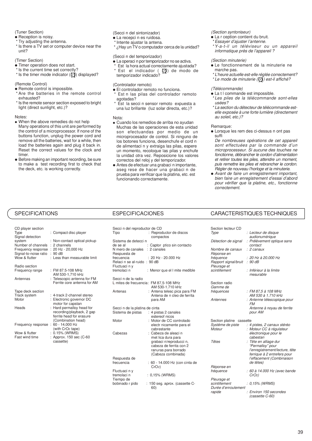 JVC RV-B99 manual Specifications, Especificaciones, Caracteristiques Techniques 