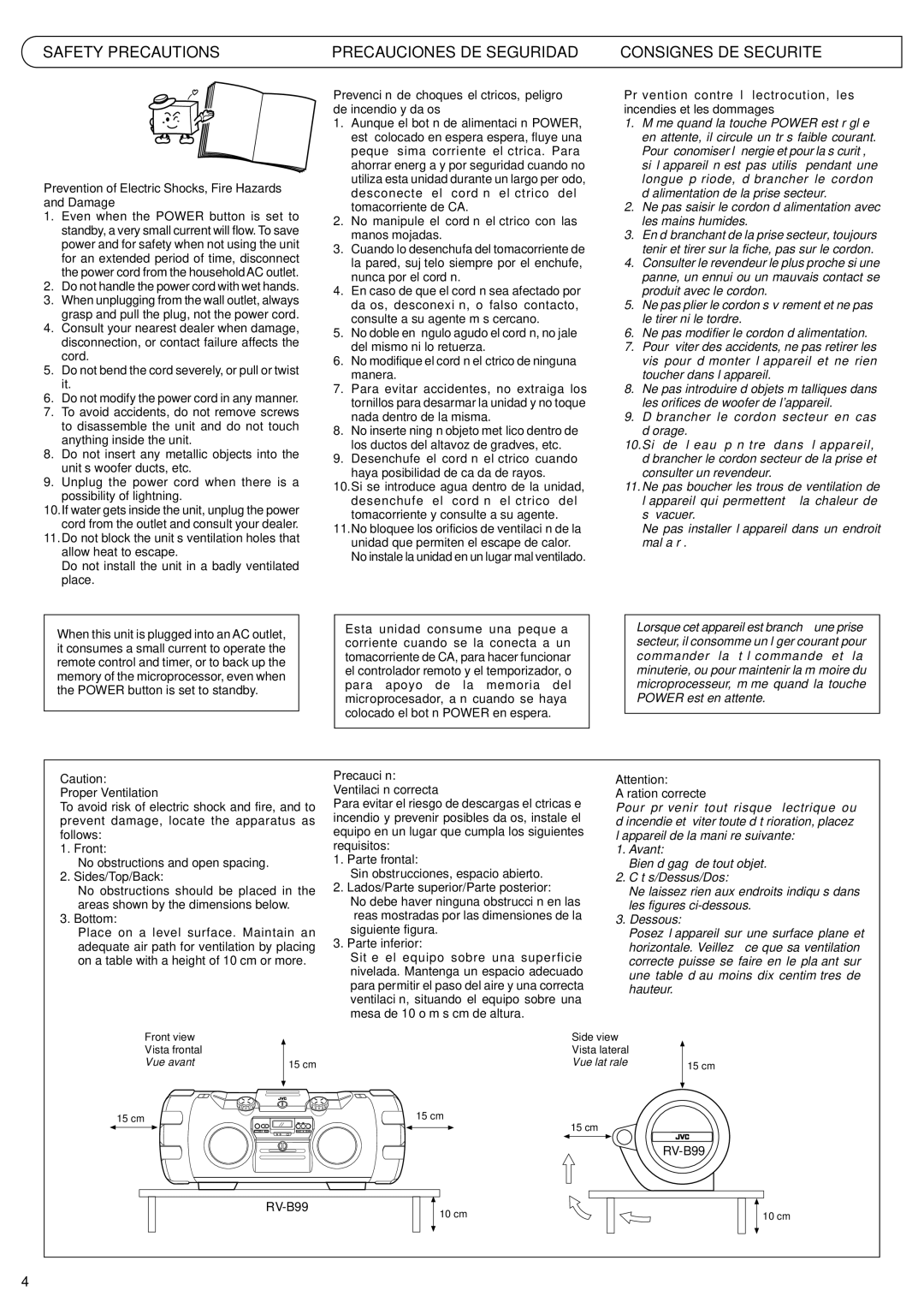 JVC RV-B99 Prevention of Electric Shocks, Fire Hazards and Damage, Proper Ventilation, Precaución Ventilación correcta 