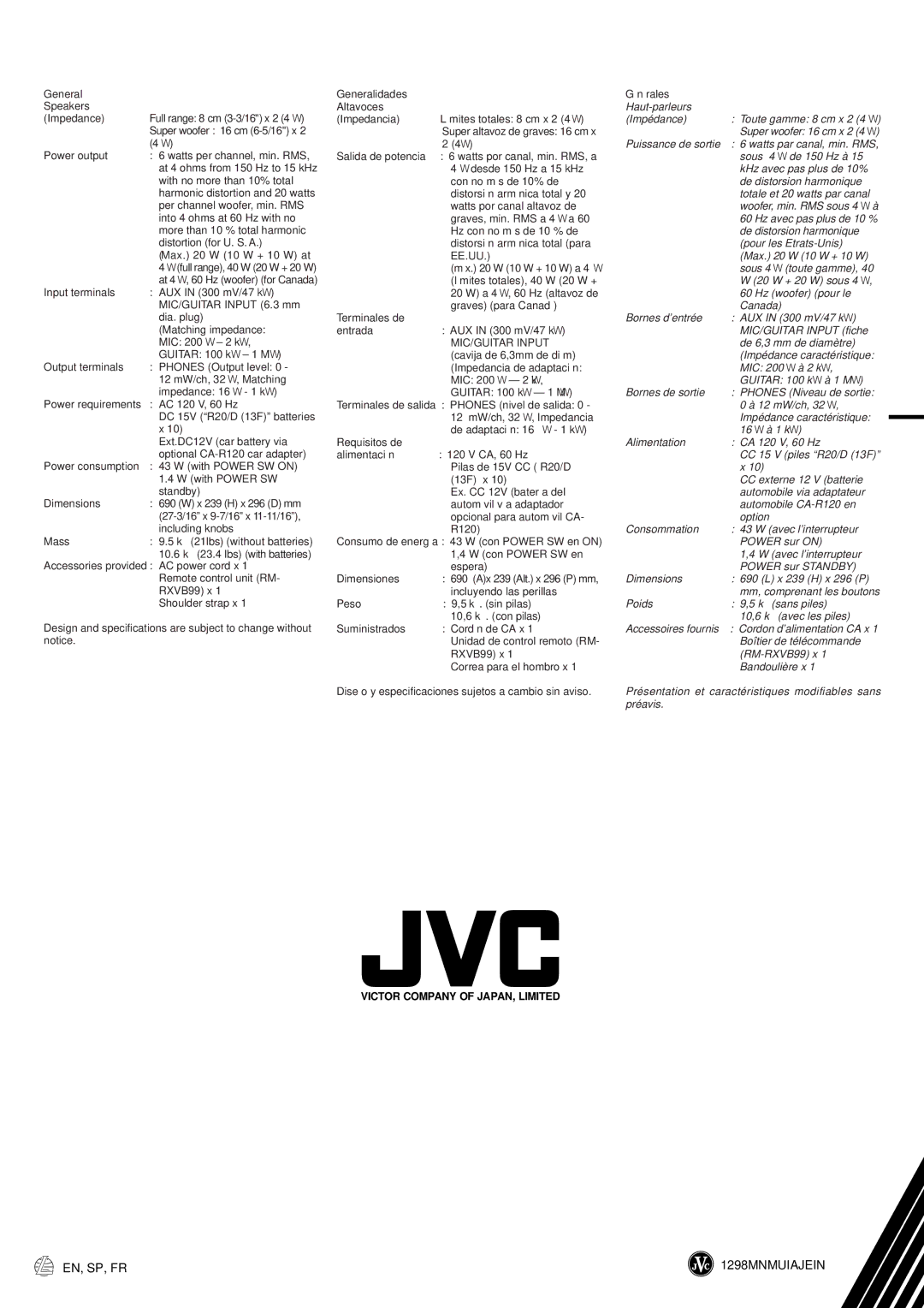 JVC RV-B99 manual General, Haut-parleurs Toute gamme 8 cm x 2 4 Ω Impédance 