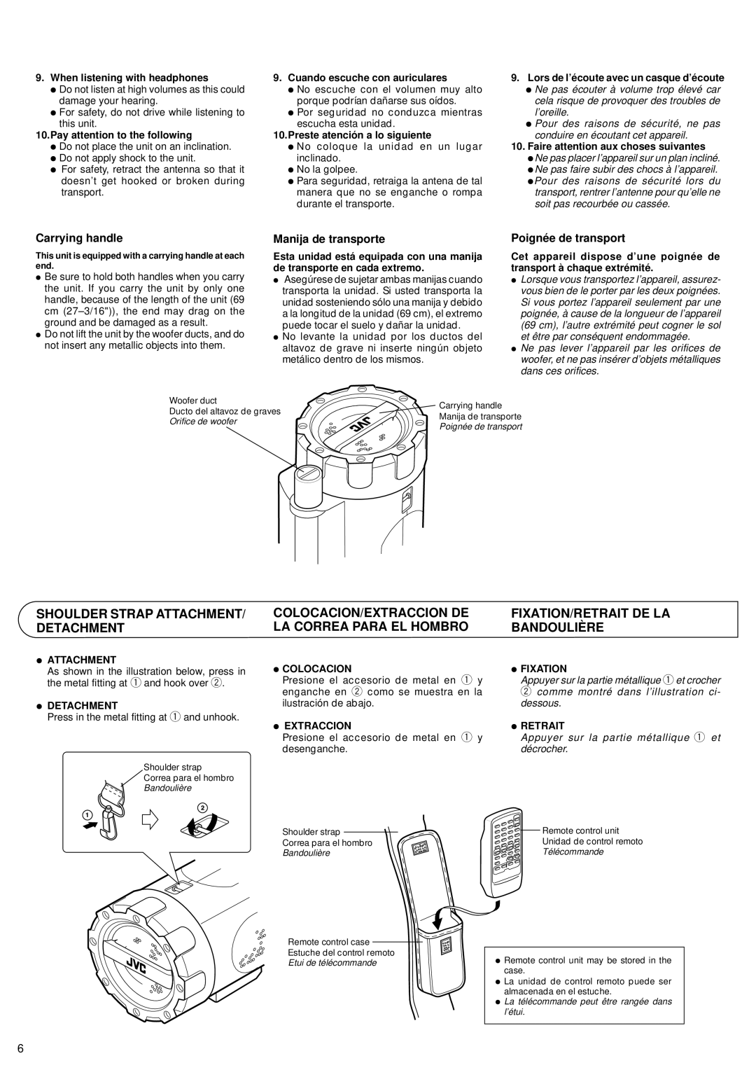 JVC RV-B99 manual Shoulder Strap ATTACHMENT/ Detachment, Carrying handle, Manija de transporte, Poignée de transport 
