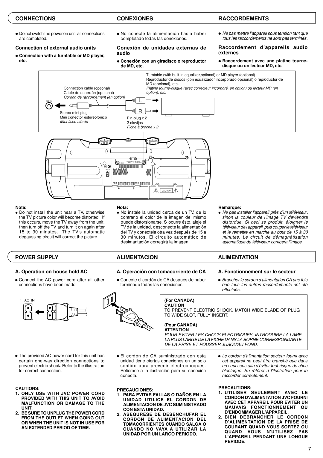 JVC RV-B99 manual Connections Conexiones Raccordements, Power Supply Alimentacion Alimentation 