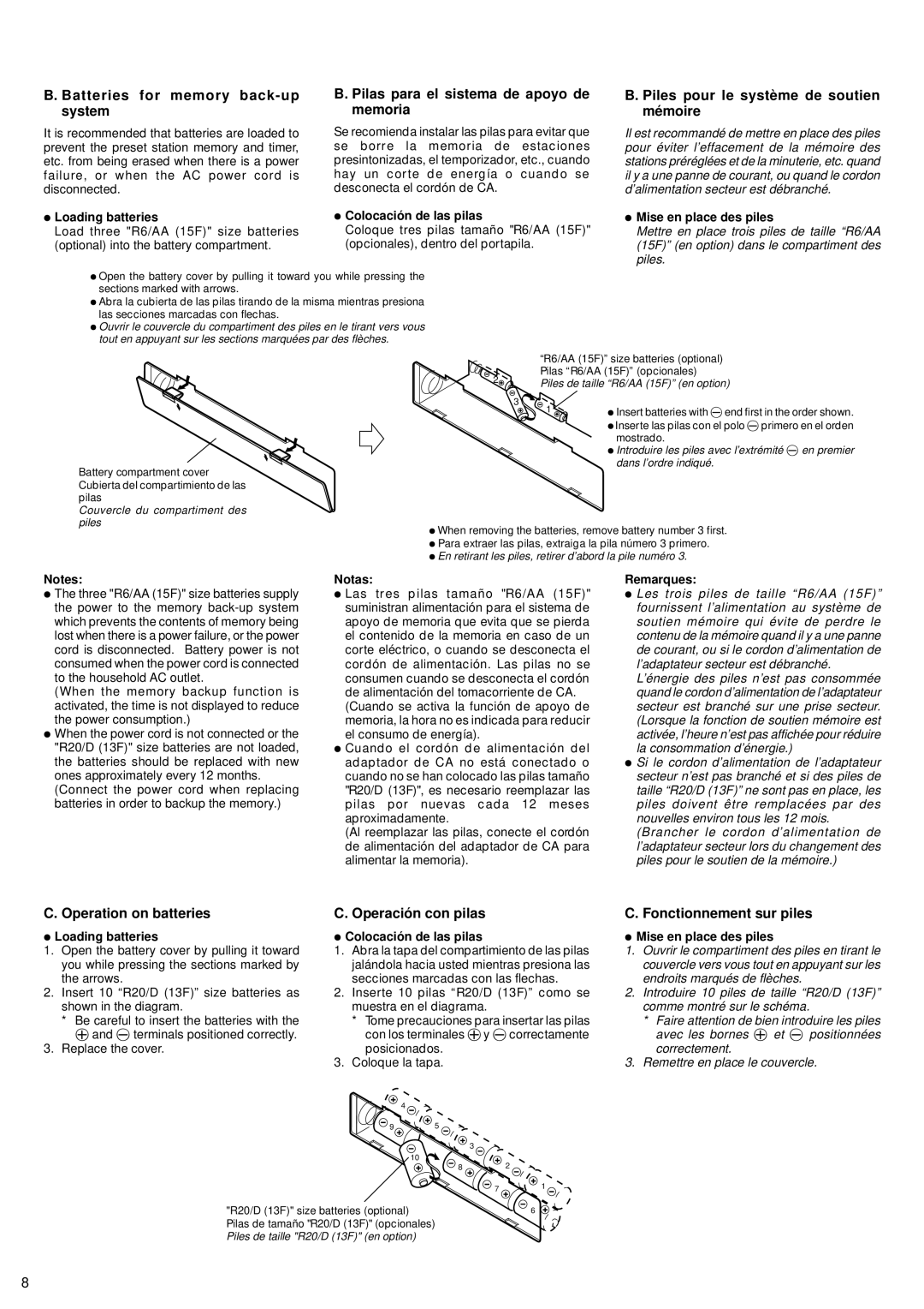 JVC RV-B99 manual Batteries for memory back-up system, Pilas para el sistema de apoyo de memoria, Operation on batteries 