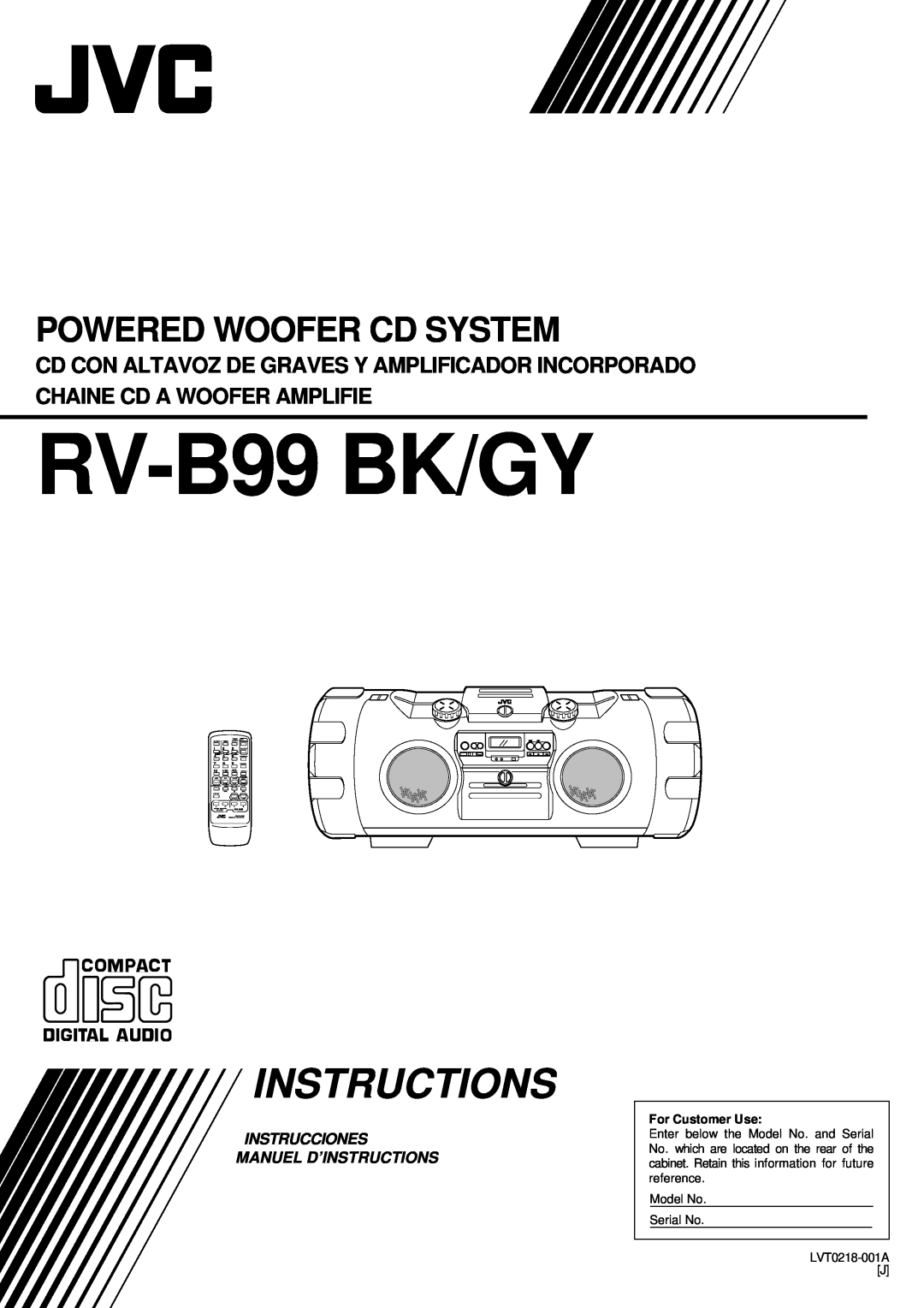 JVC manual Instrucciones Manuel D’Instructions, RV-B99BK/GY, Powered Woofer Cd System, Sleep, Volume, Tape Tuner 
