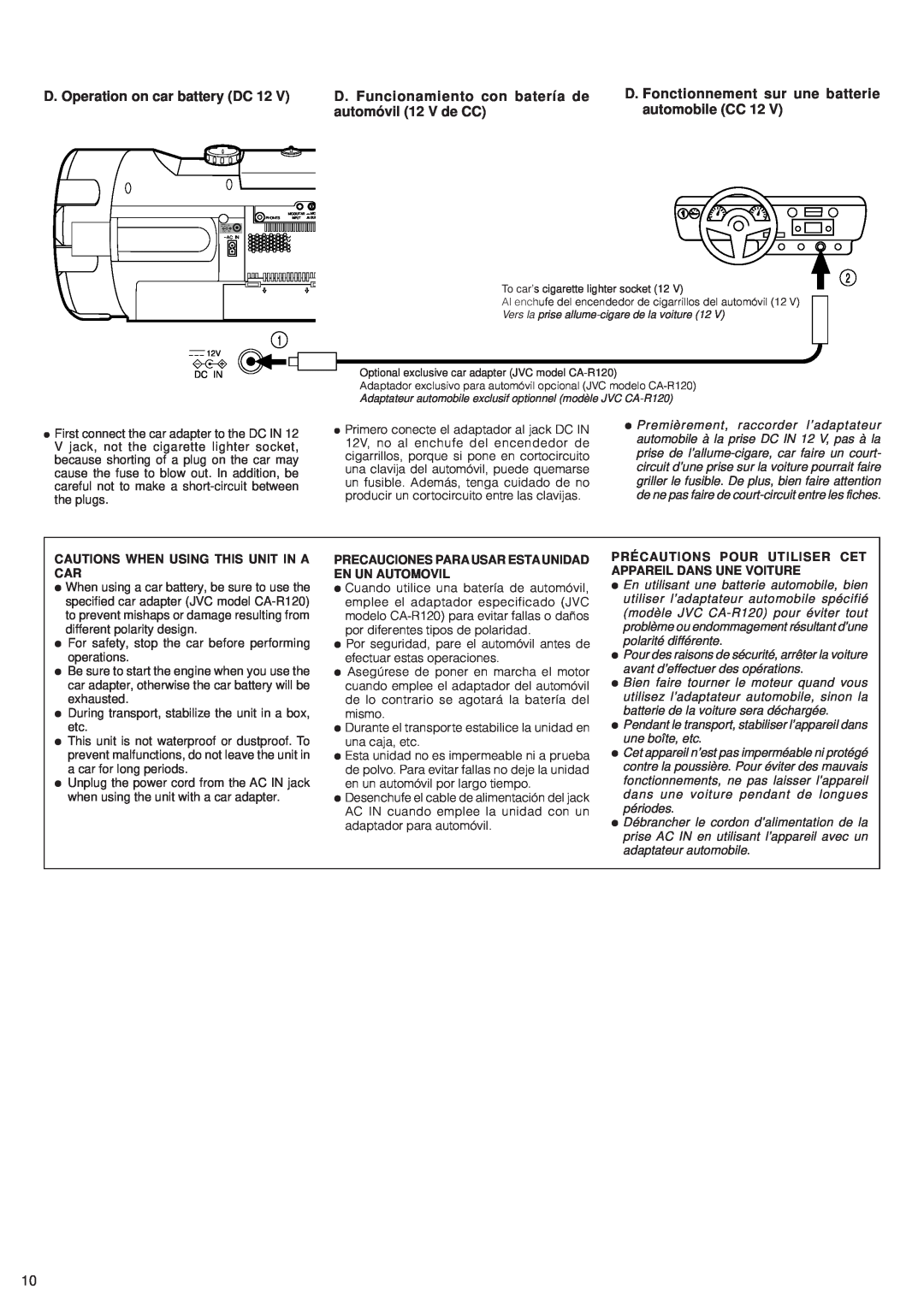 JVC RV-B99 manual D. Operation on car battery DC 12 