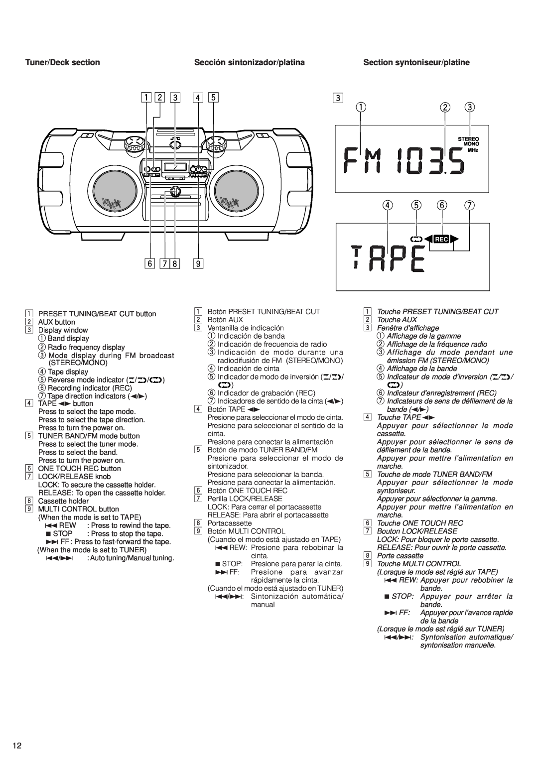 JVC RV-B99 manual 6 78, 4 5 6, 1PRESET TUNING/BEAT CUT button 2 AUX button 