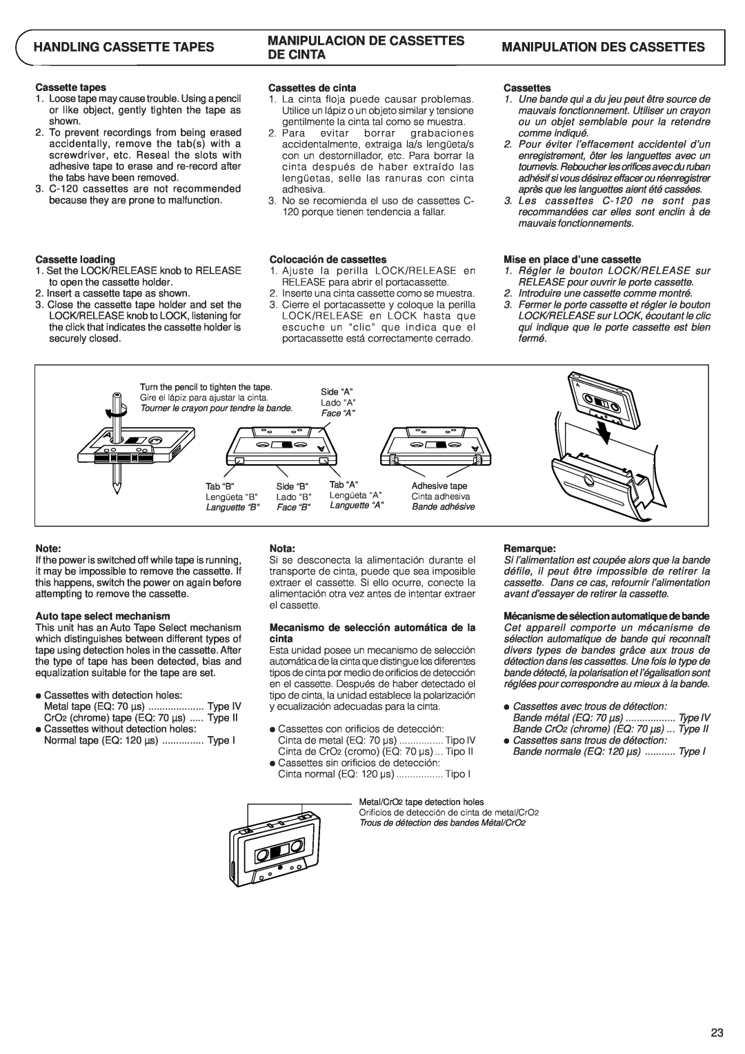JVC RV-B99 manual Handling Cassette Tapes, Manipulacion De Cassettes De Cinta, Manipulation Des Cassettes 