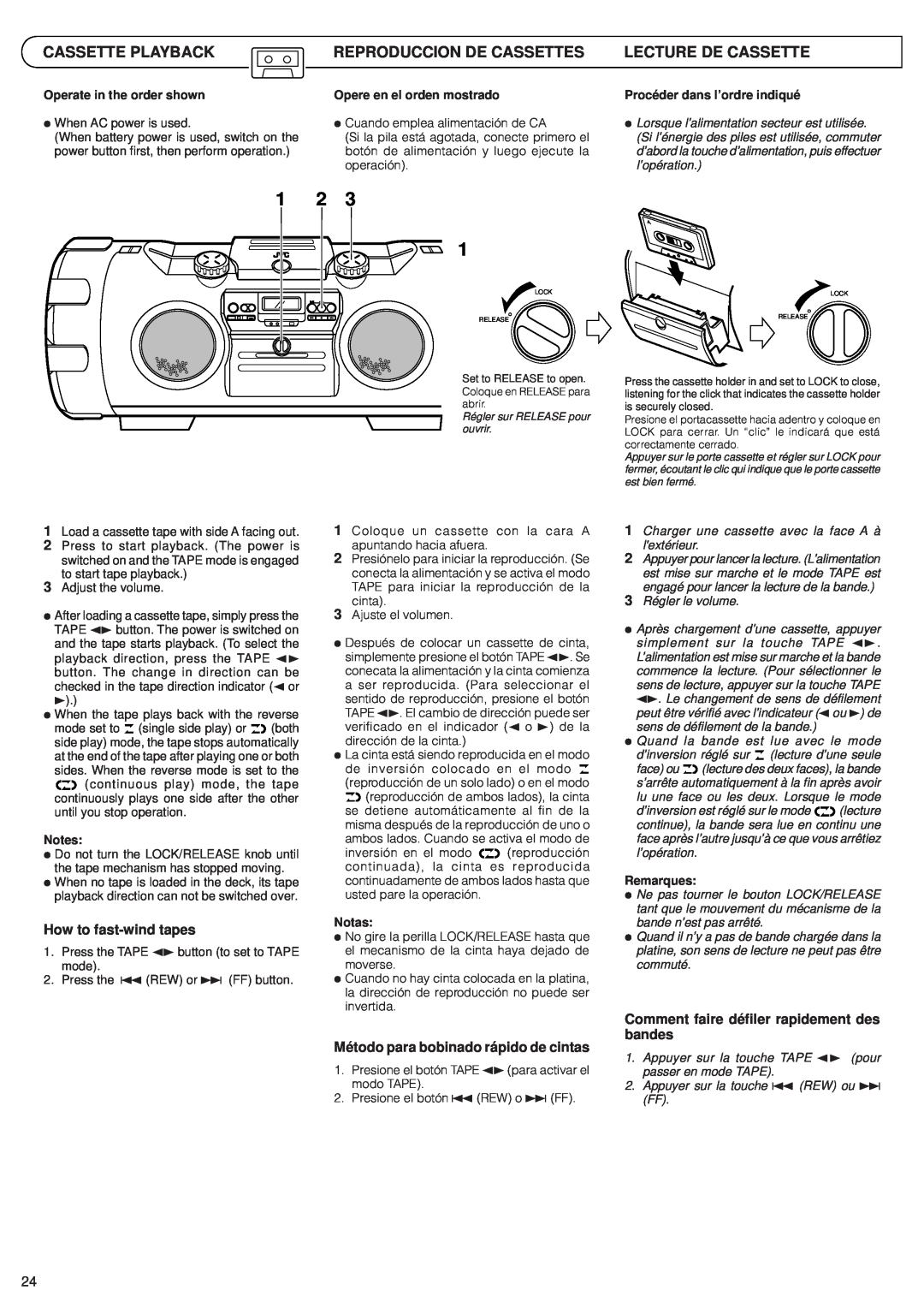 JVC RV-B99 manual Cassette Playback, Reproduccion De Cassettes, Lecture De Cassette, How to fast-windtapes 