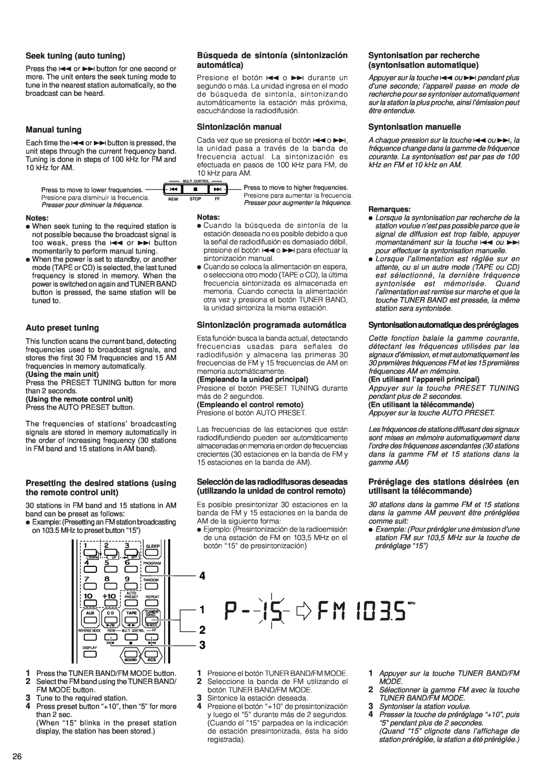 JVC RV-B99 manual 4 1 2 3, Seek tuning auto tuning, Búsqueda de sintonía sintonización automática, Manual tuning 