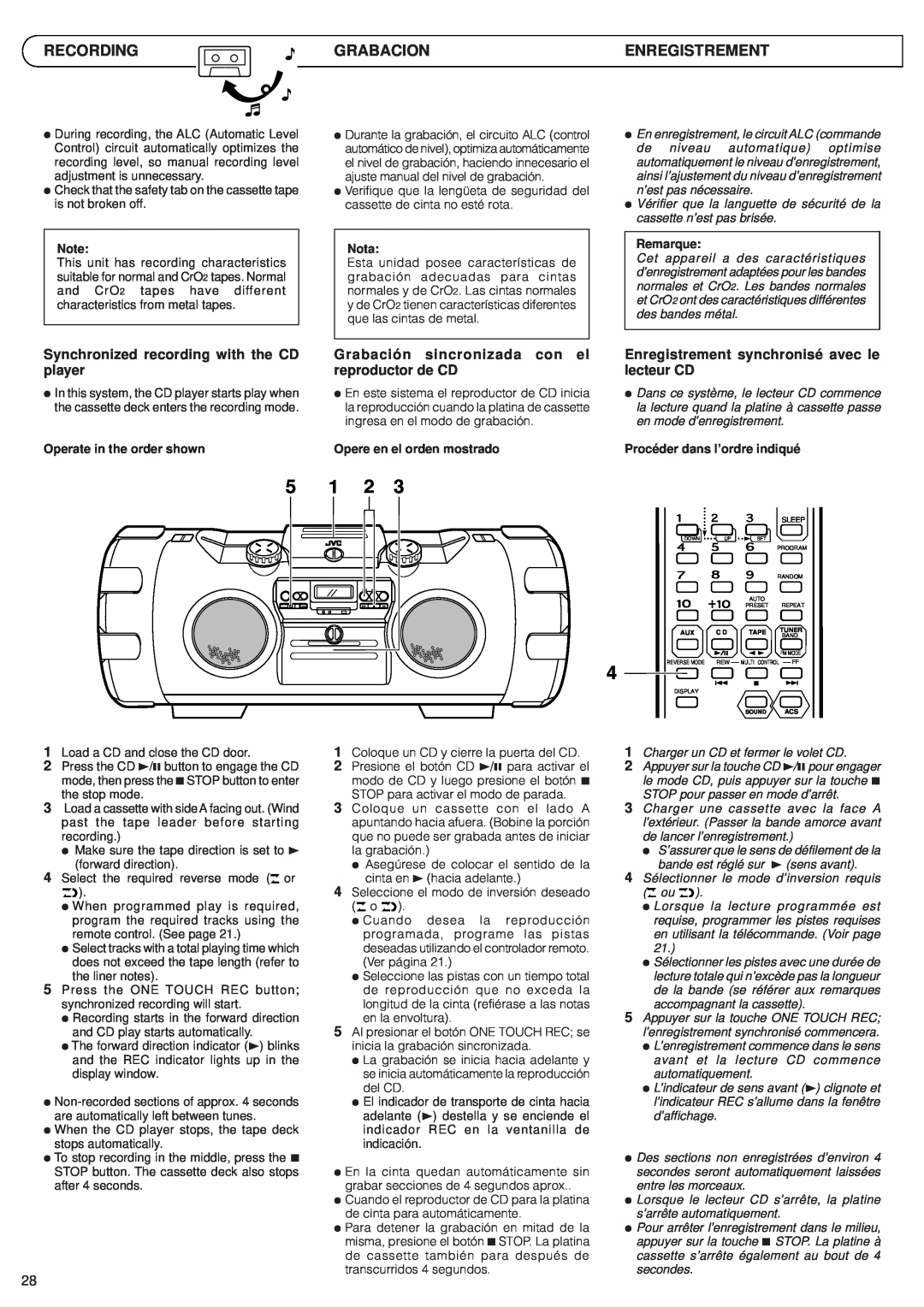 JVC RV-B99 manual Recording, Grabacion, Enregistrement, Synchronized recording with the CD player 