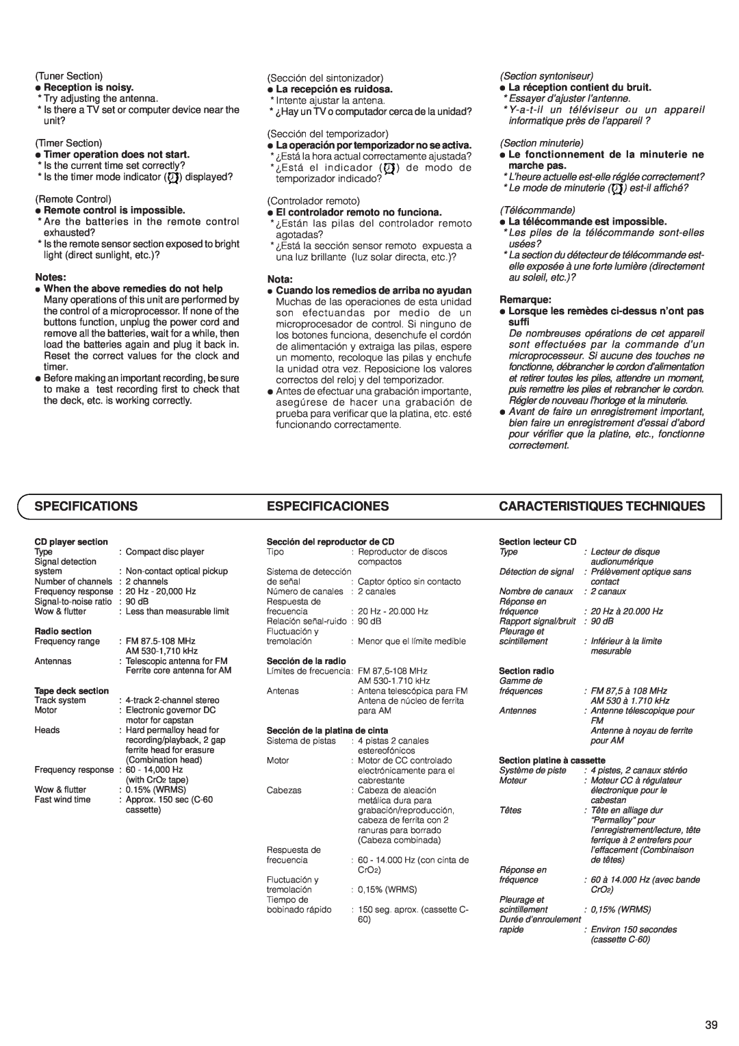 JVC RV-B99 manual Specifications, Especificaciones, Caracteristiques Techniques 